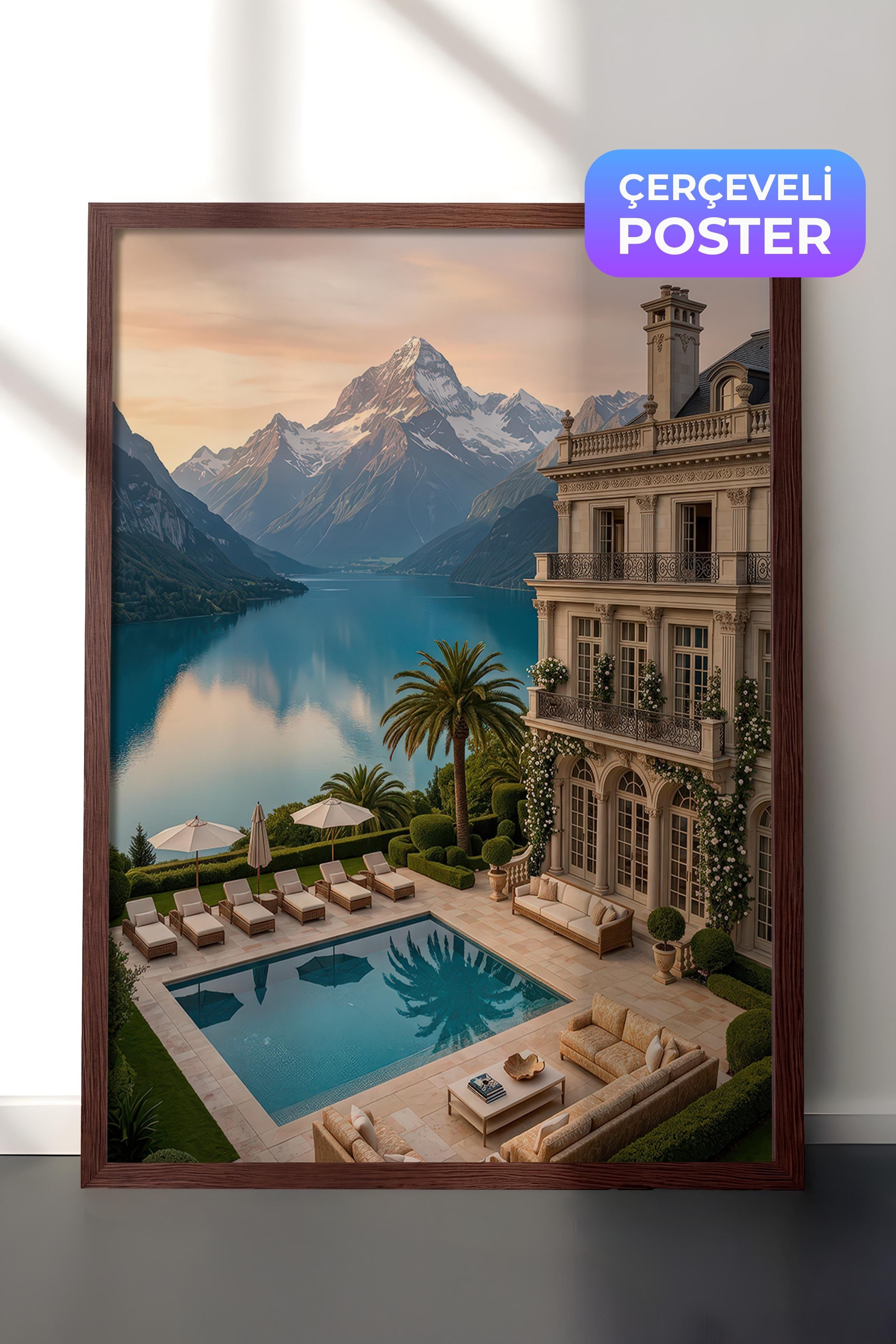 Dağ ve Göl Manzarası Posteri, Kahverengi Çerçeveli Poster, Old Money Serisi, NO:113178