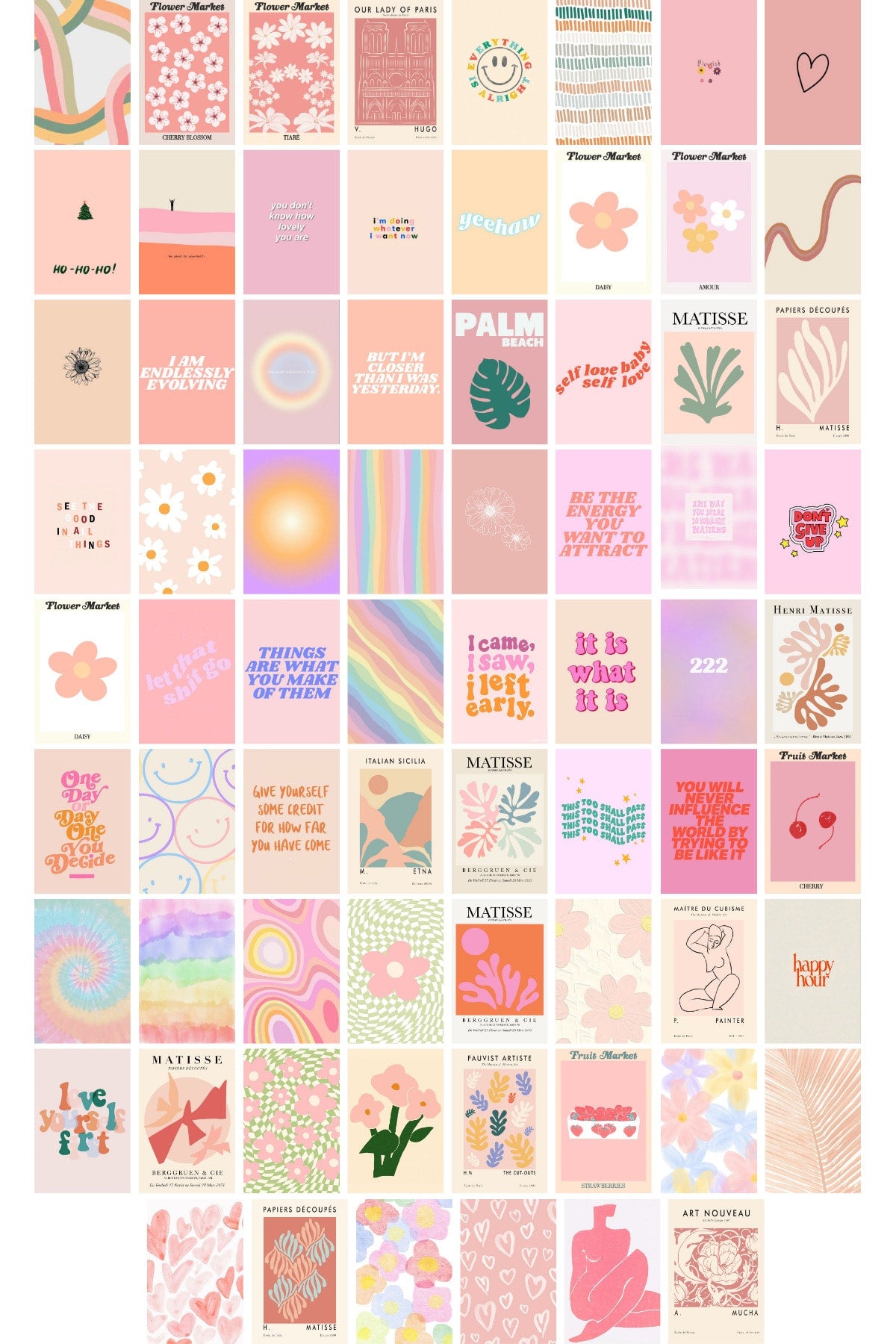 Danish Pastel Poster Seti - Arkası Yapışkanlı Pembe Poster Seti - 70 Adet Poster Kolaj Seti - 1m*1m