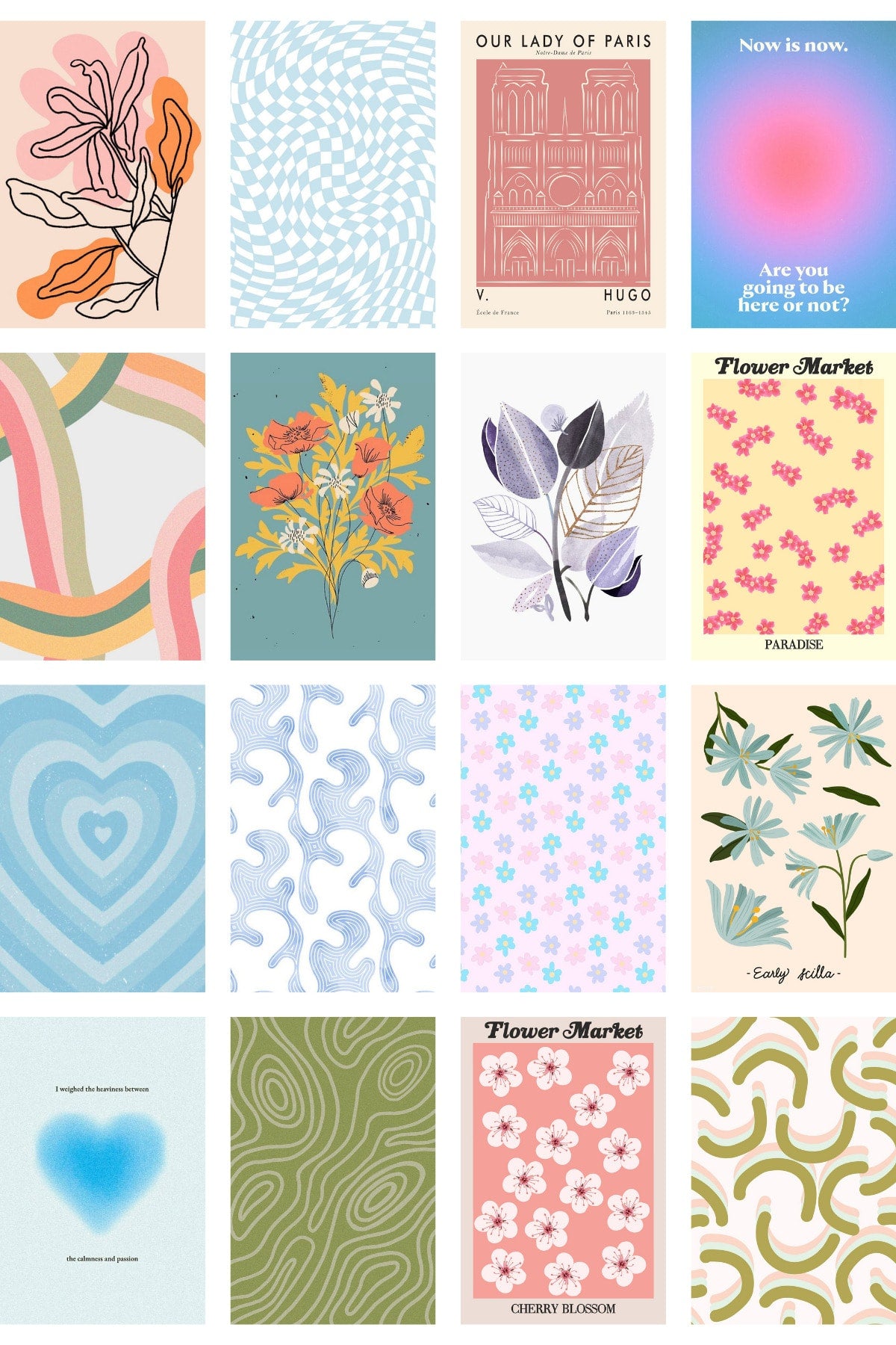 Danish Pastel Poster Seti - Arkası Yapışkanlı Poster Seti - 70 Adet Poster Kolaj Seti - Kutulu Set