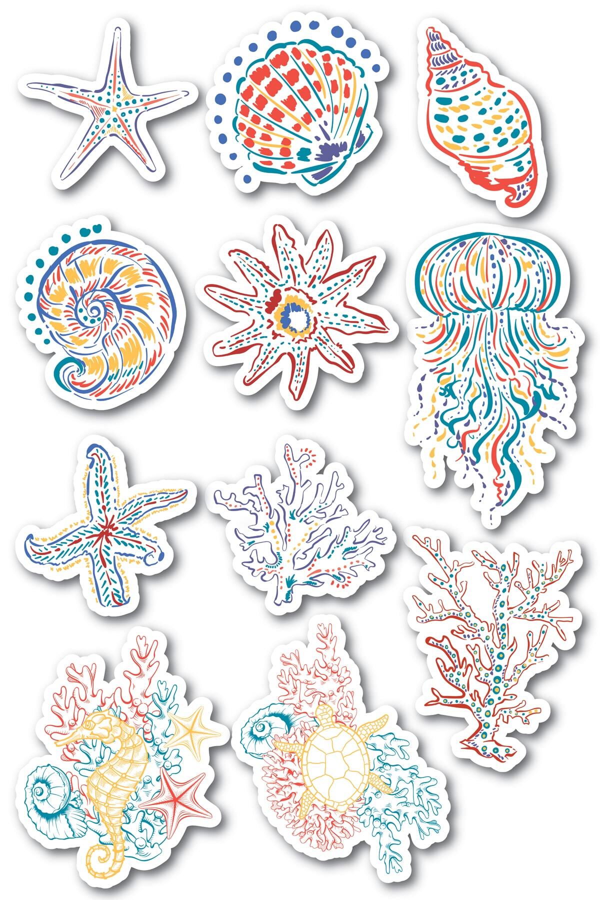Deniz Kabukları Temalı Sticker Seti - 11 Adet Etiket Seti- Telefon, Tablet, Defter Laptop Uyumlu
