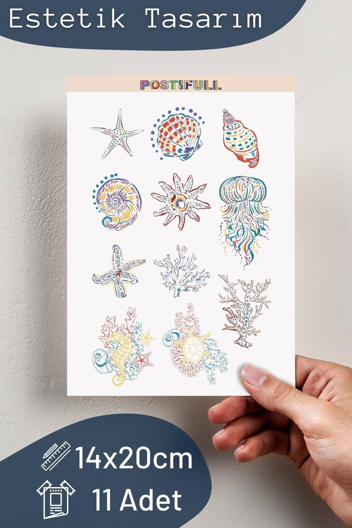 Deniz Kabukları Temalı Sticker Seti - 11 Adet Etiket Seti- Telefon, Tablet, Defter Laptop Uyumlu