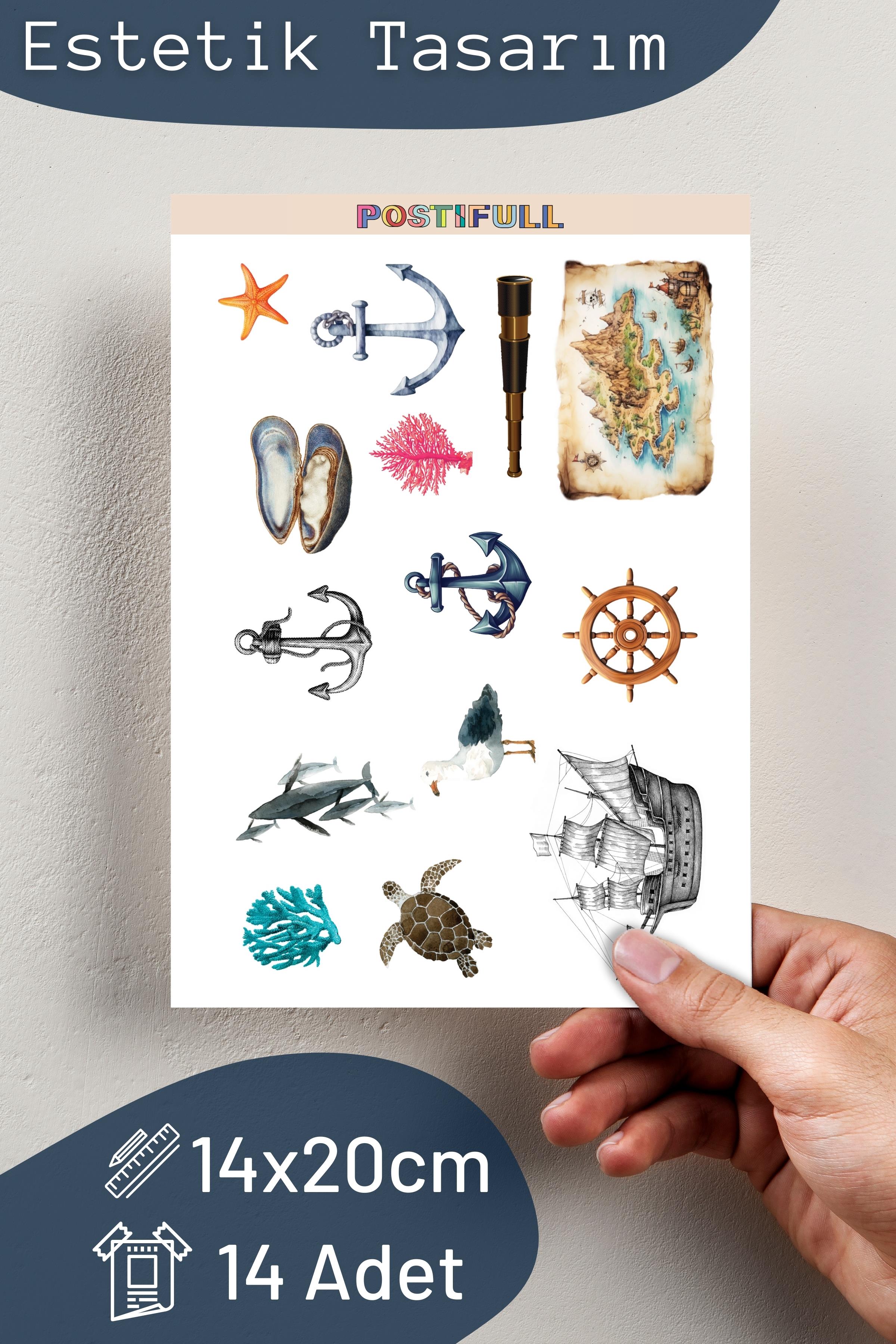 Denizci Etiket Seti, Büyük Boy, 14 Adet Su Geçirmez, Sticker Seti, Laptop, Telefon, Valiz Uyumlu