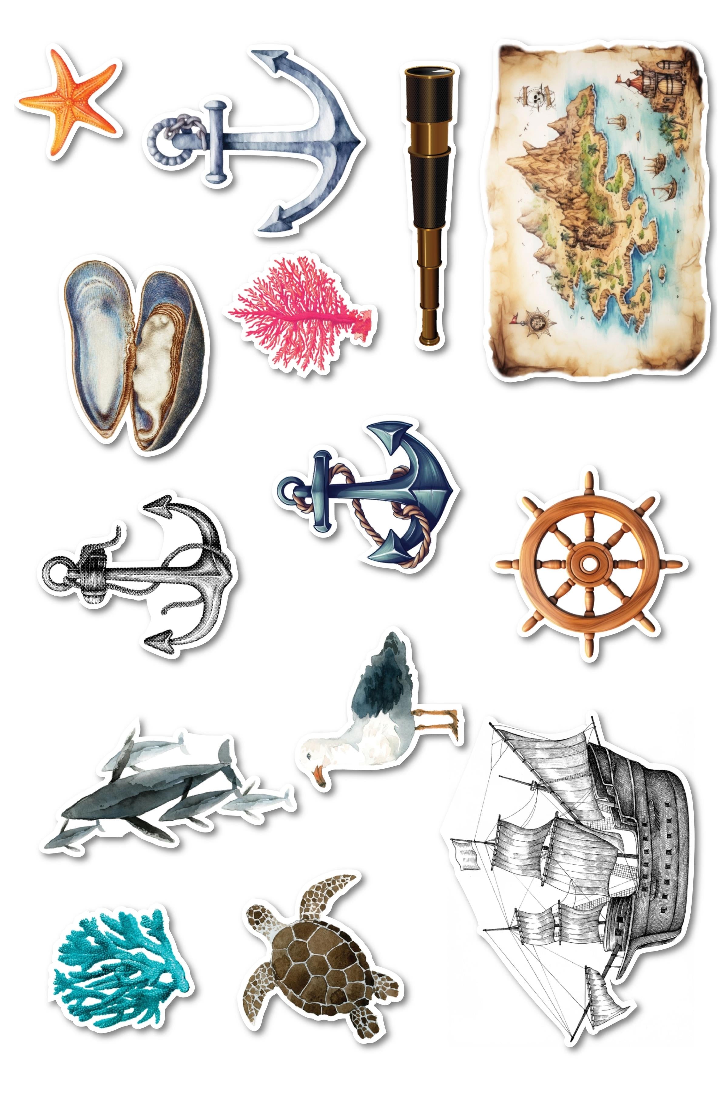Denizci Etiket Seti, Büyük Boy, 14 Adet Su Geçirmez, Sticker Seti, Laptop, Telefon, Valiz Uyumlu
