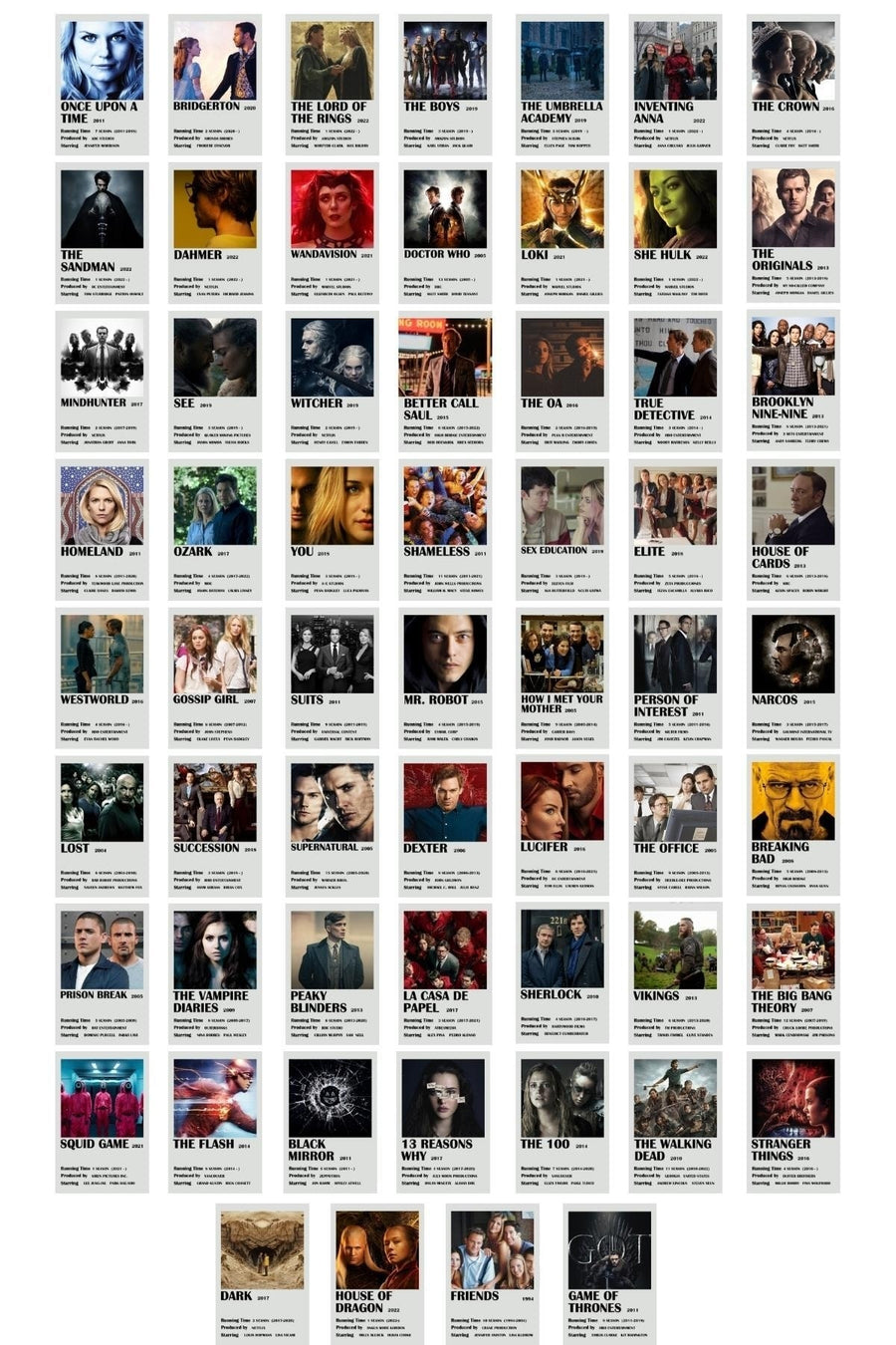 Dizi Polaroid Duvar Poster Seti - Dizi Posterleri - Arkası Yapışkanlı Poster Kolaj Seti - 60 Adet