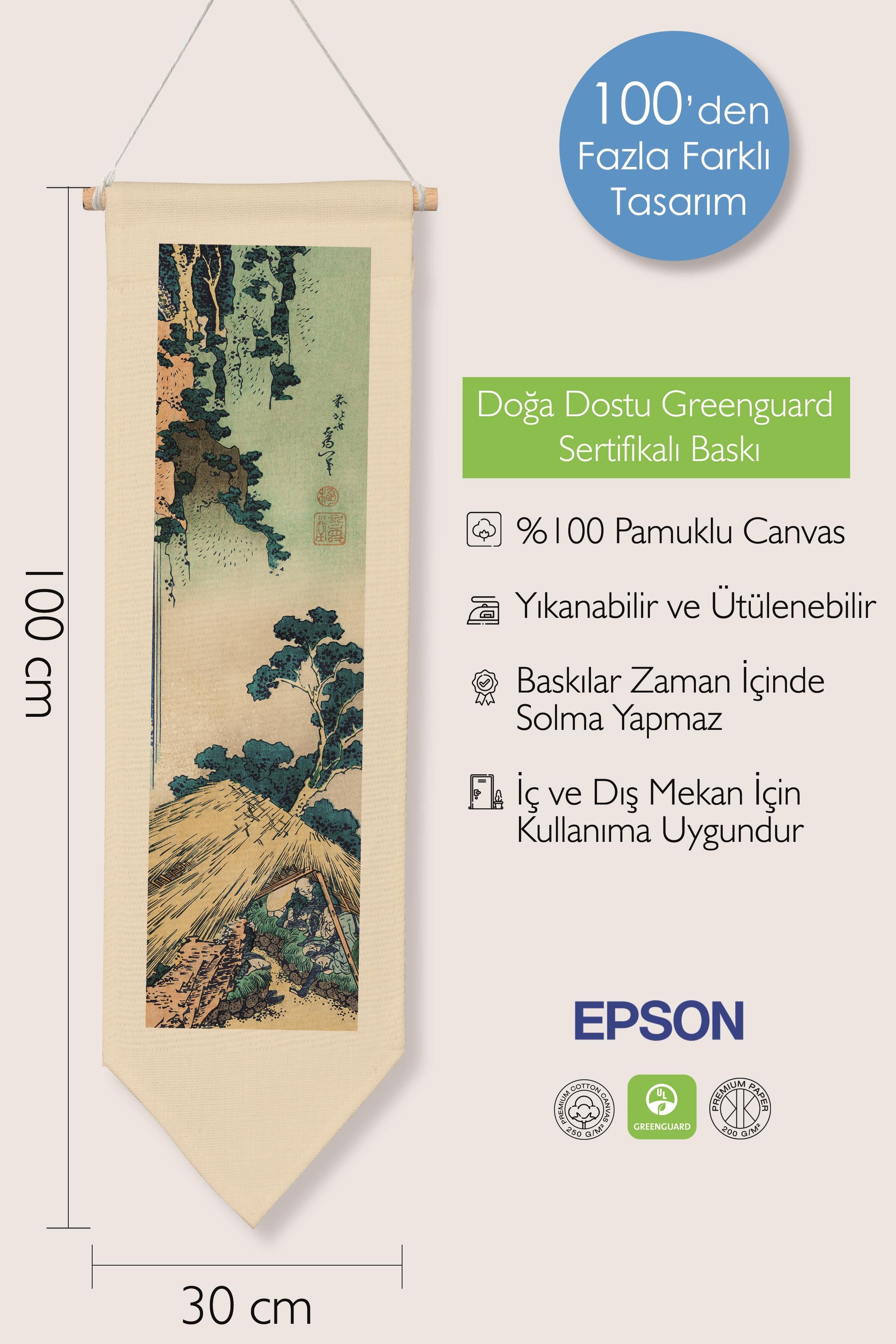 Duvar Halısı Pinterest Dekoru, Hokusai Sanat Serisi 100cm Kanvas Flama Askılı Duvar Örtüsü NO:650