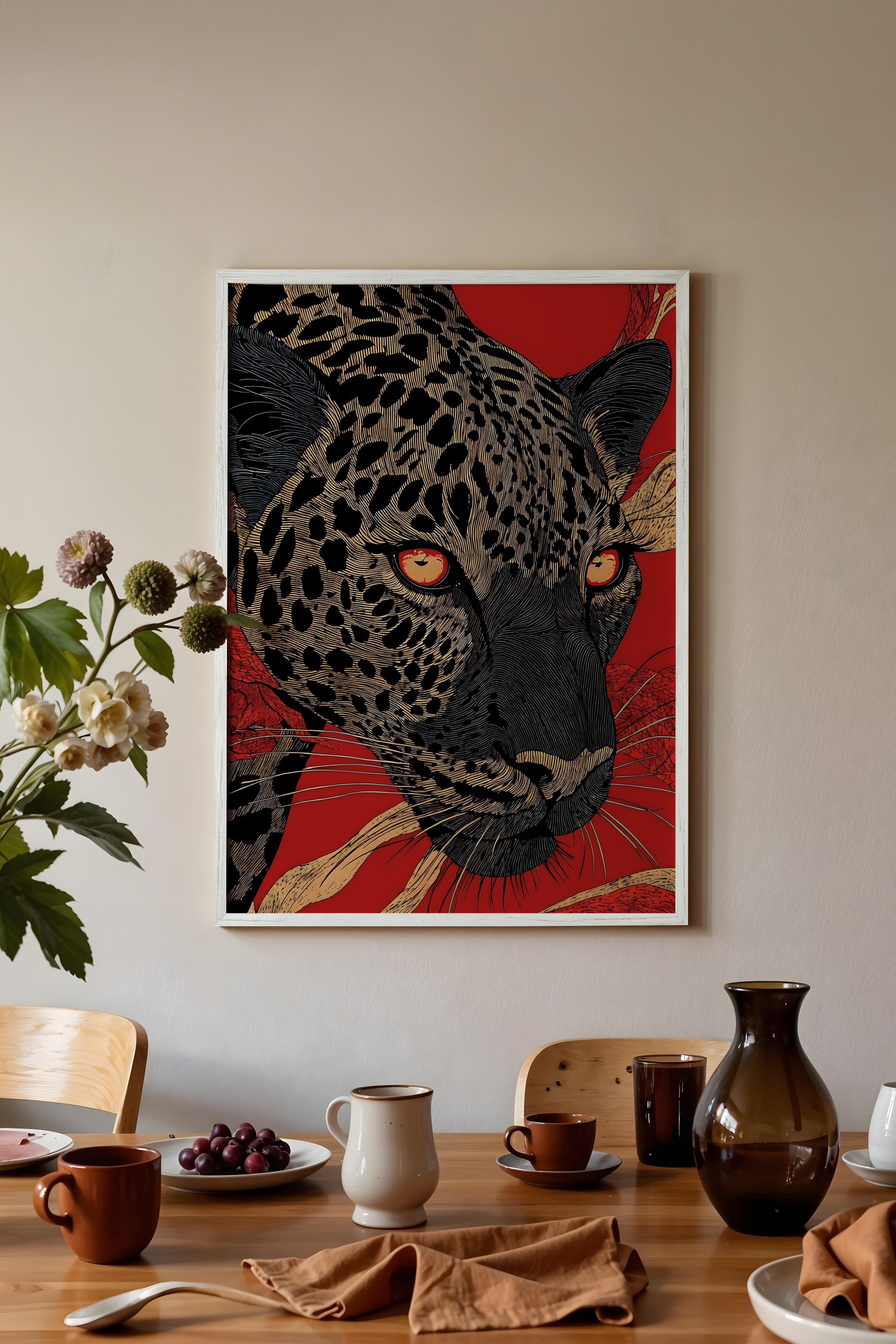 Duvar Tablosu, Beyaz Çerçeveli Tablo ve Poster, Ritüel Serisi, Leopar Tablo, NO:115270