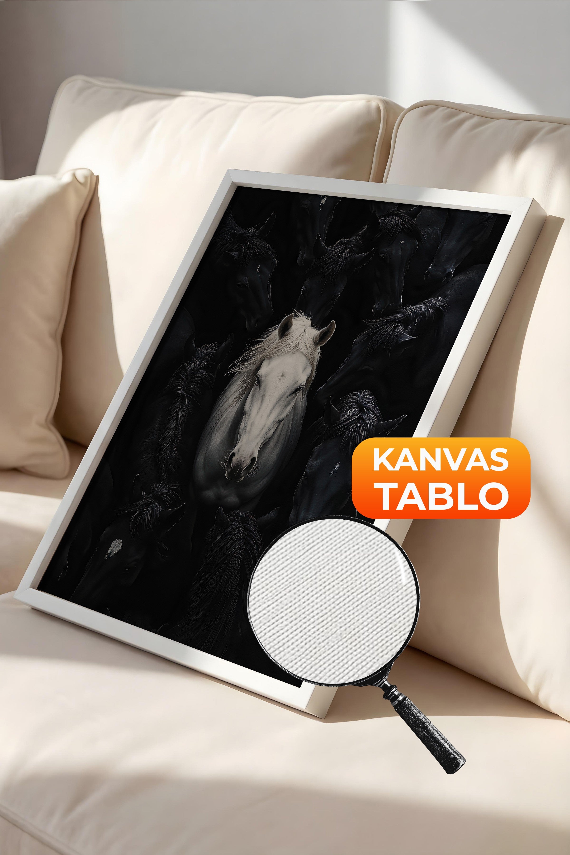 Duvar Tablosu, Lüks Beyaz Çerçeveli Kanvas Tablo, Ritüel Serisi, At Tablo, NO:115190