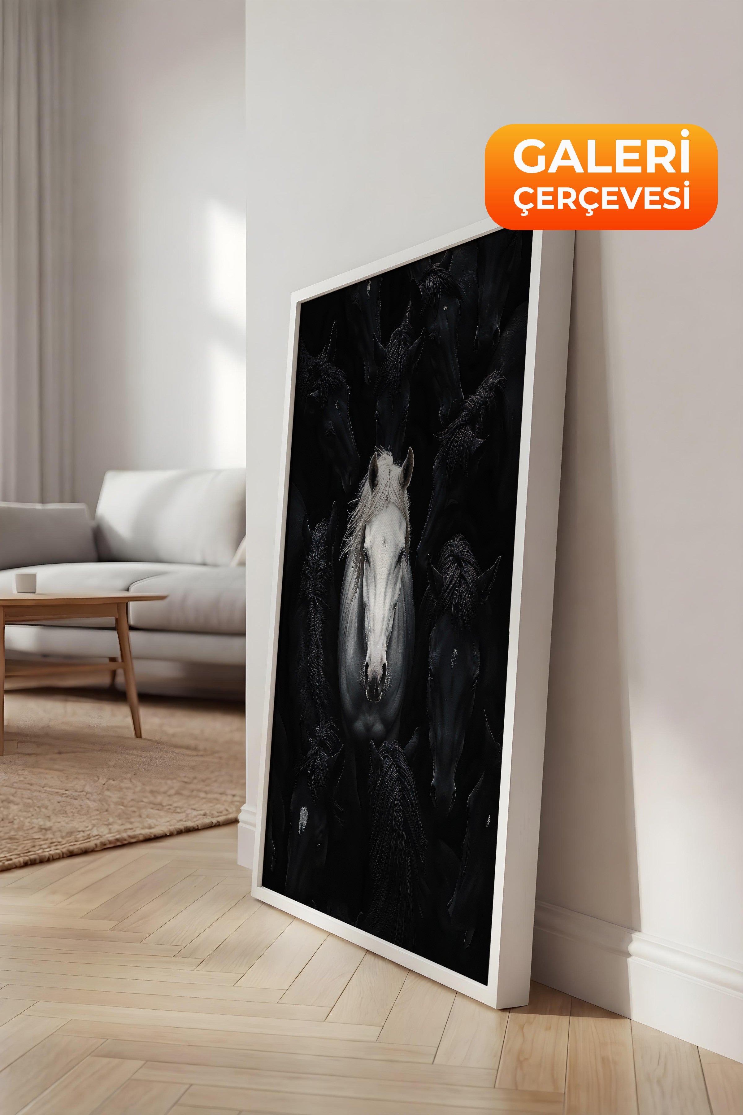 Duvar Tablosu, Lüks Beyaz Çerçeveli Kanvas Tablo, Ritüel Serisi, At Tablo, NO:115190
