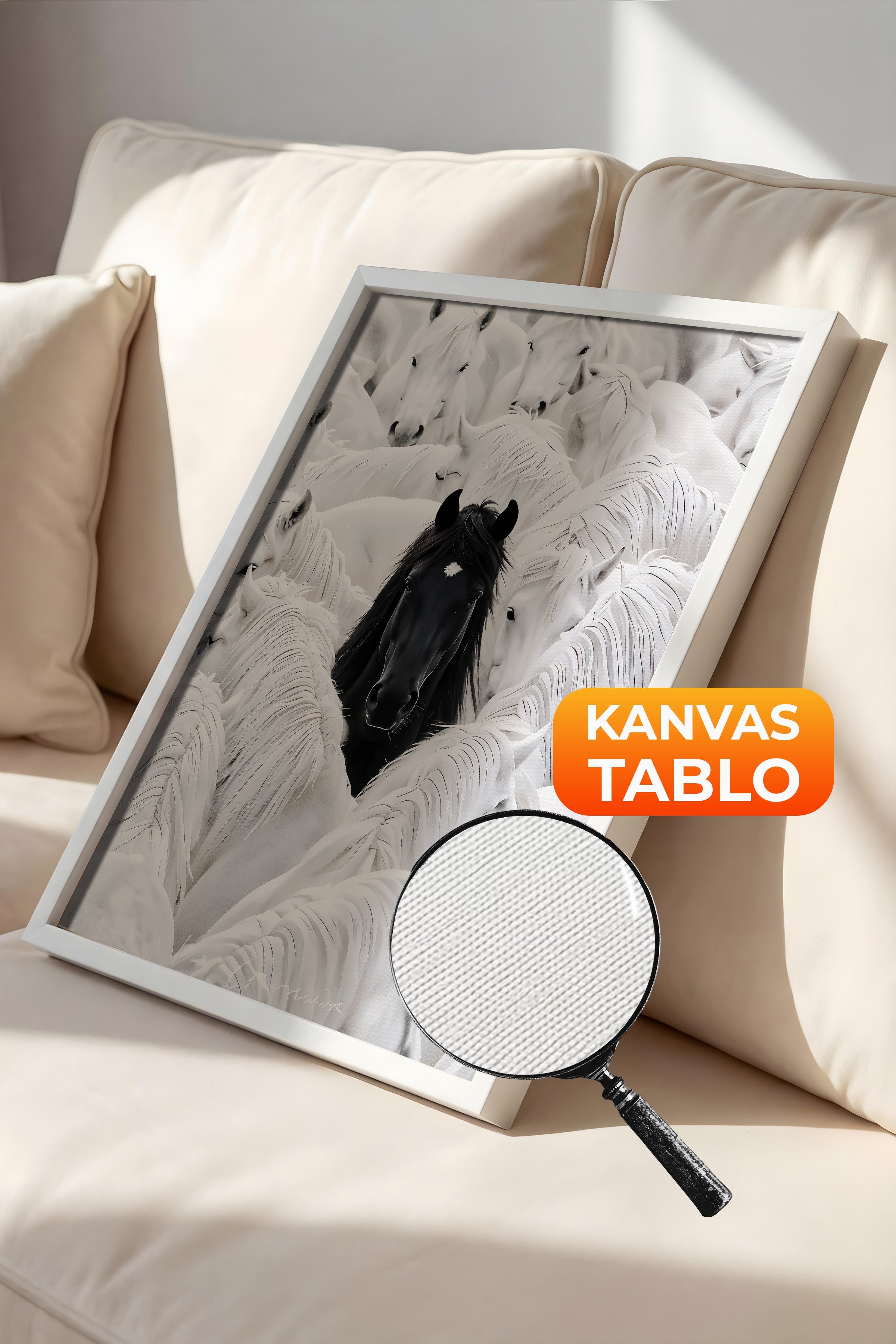 Duvar Tablosu, Lüks Beyaz Çerçeveli Kanvas Tablo, Ritüel Serisi, At Tablo, NO:115191