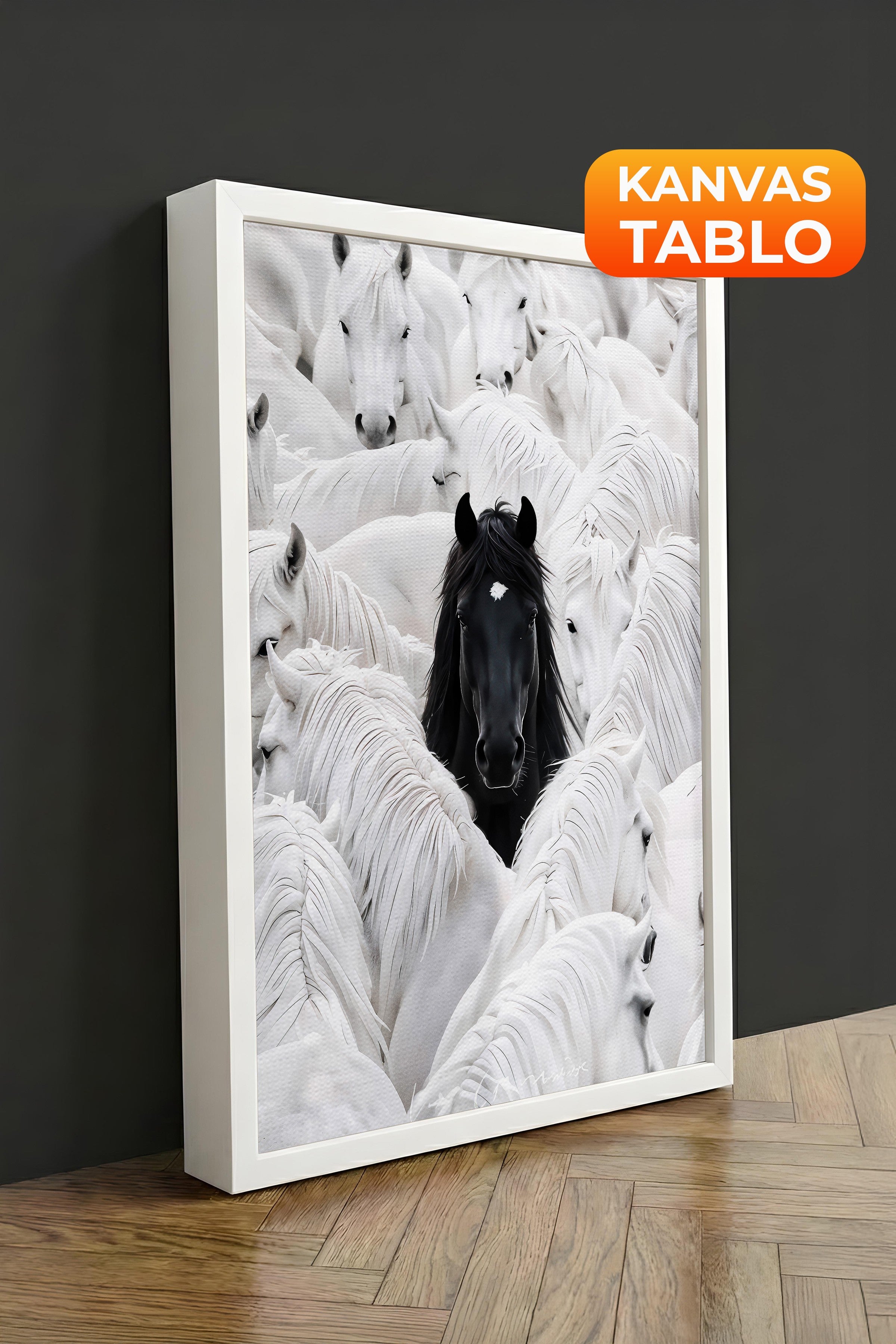 Duvar Tablosu, Lüks Beyaz Çerçeveli Kanvas Tablo, Ritüel Serisi, At Tablo, NO:115191