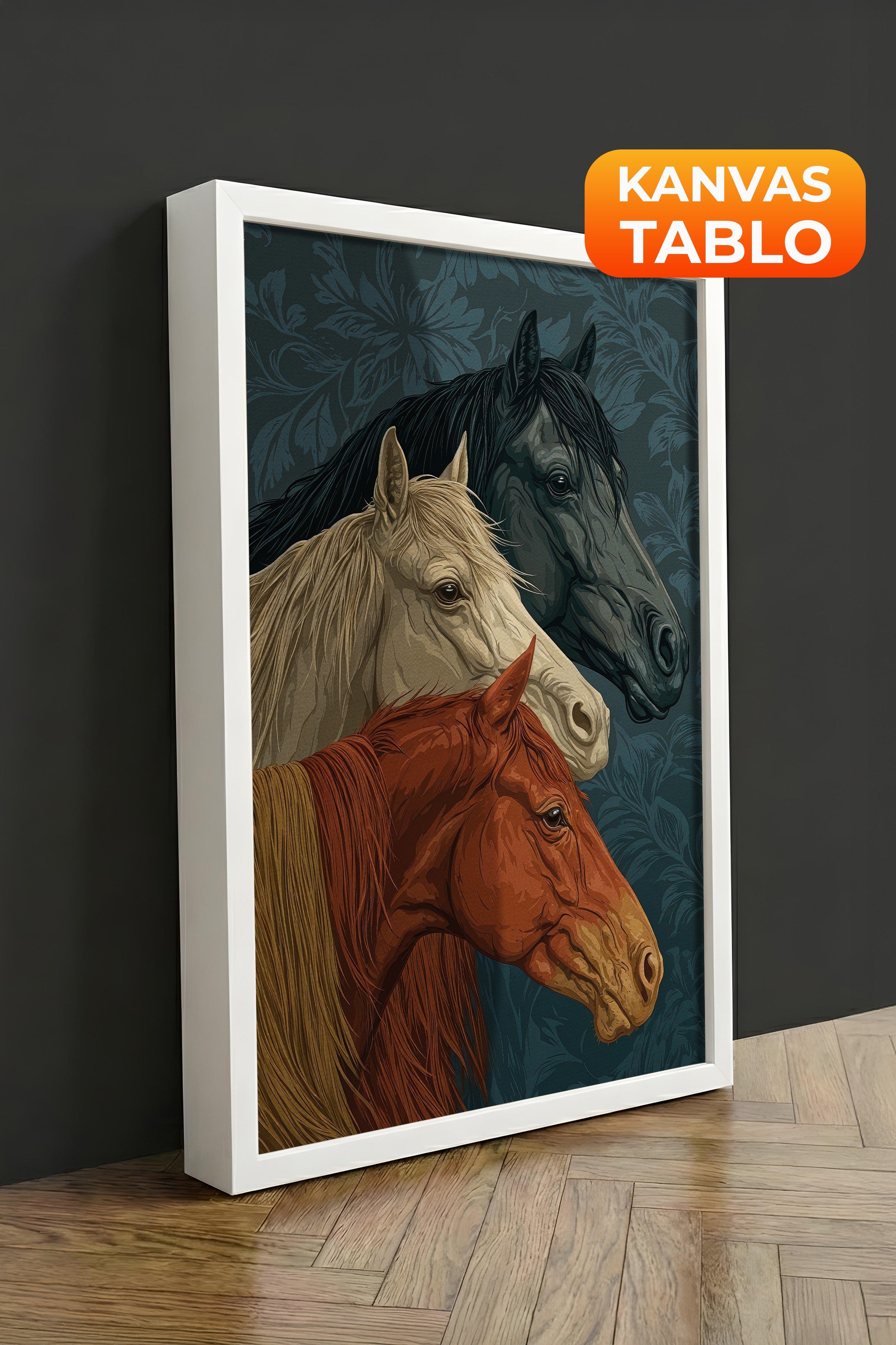 Duvar Tablosu, Lüks Beyaz Çerçeveli Kanvas Tablo, Ritüel Serisi, At Tablo, NO:115196