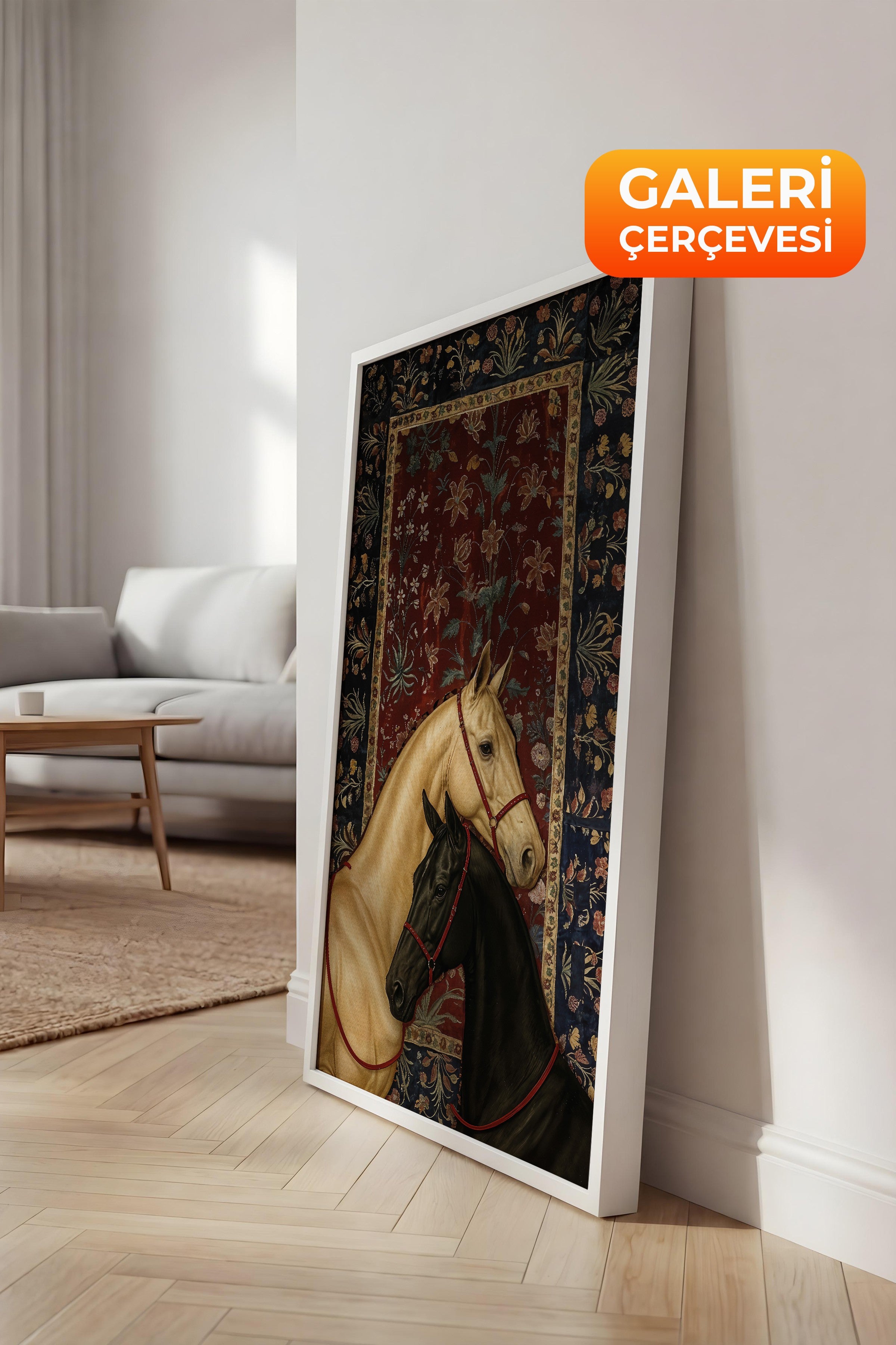 Duvar Tablosu, Lüks Beyaz Çerçeveli Kanvas Tablo, Ritüel Serisi, At Tablo, NO:115197