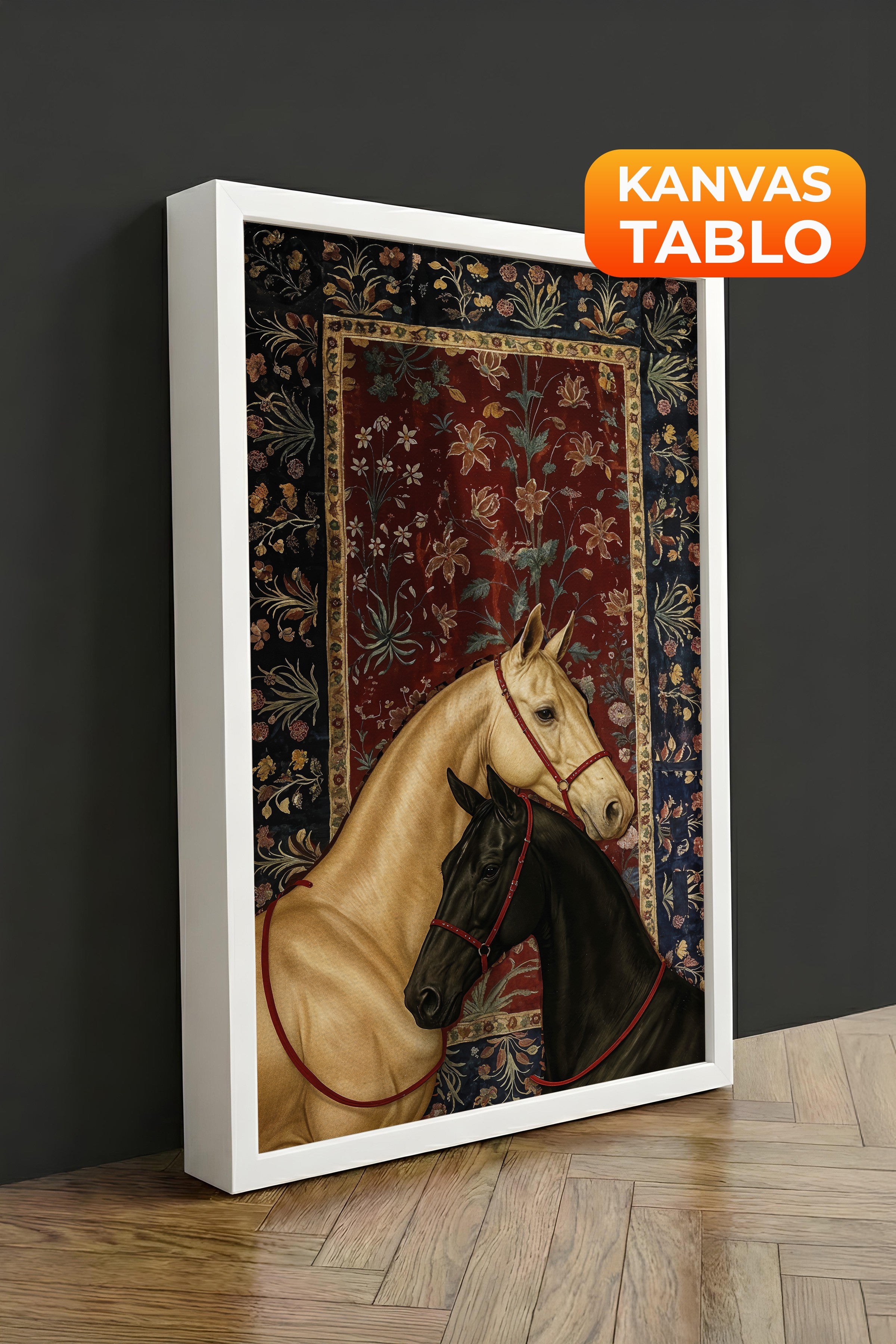 Duvar Tablosu, Lüks Beyaz Çerçeveli Kanvas Tablo, Ritüel Serisi, At Tablo, NO:115197