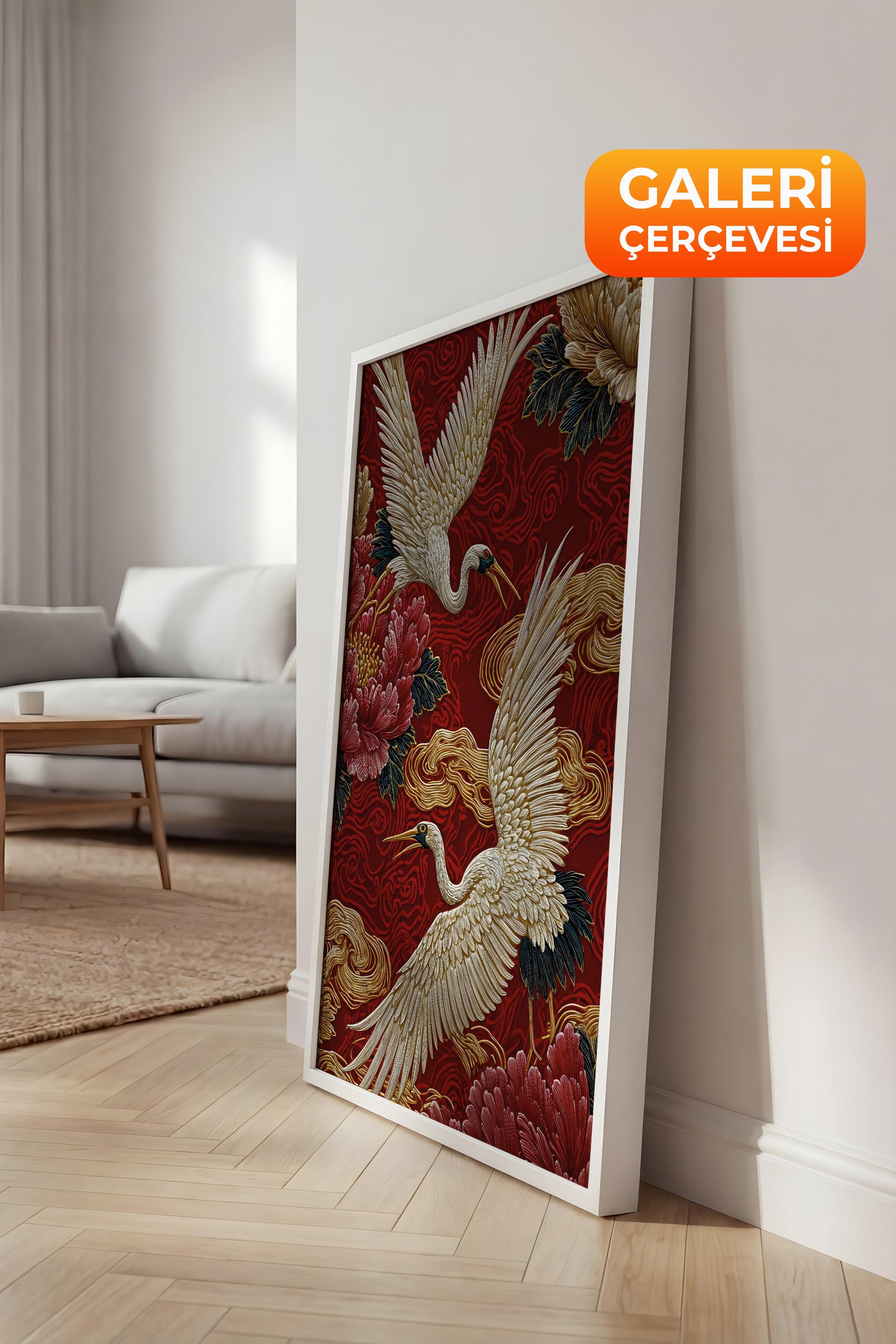 Duvar Tablosu, Lüks Beyaz Çerçeveli Kanvas Tablo, Ritüel Serisi, Kuş Tablo, NO:115248