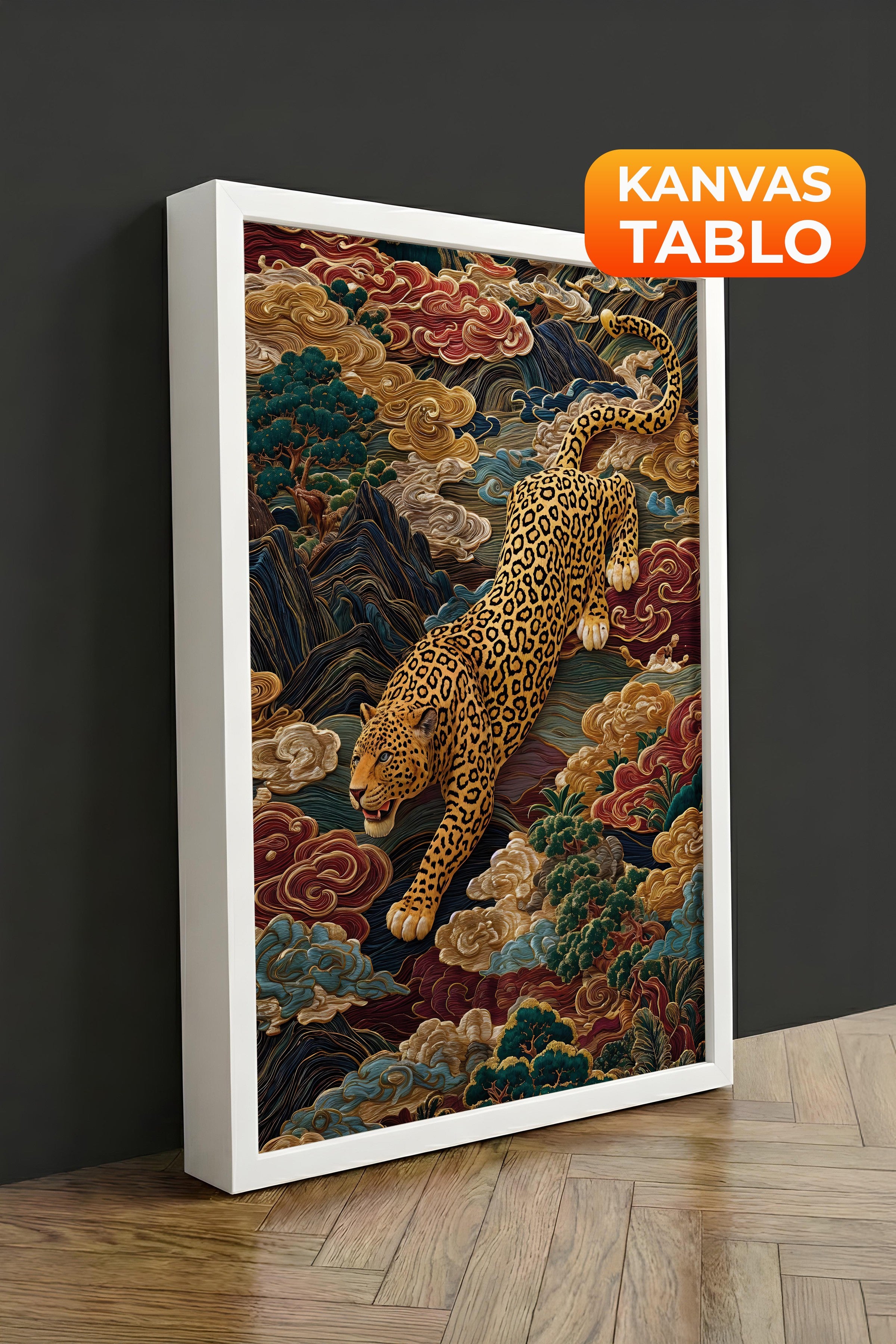 Duvar Tablosu, Lüks Beyaz Çerçeveli Kanvas Tablo, Ritüel Serisi, Leopar Tablo, NO:115247