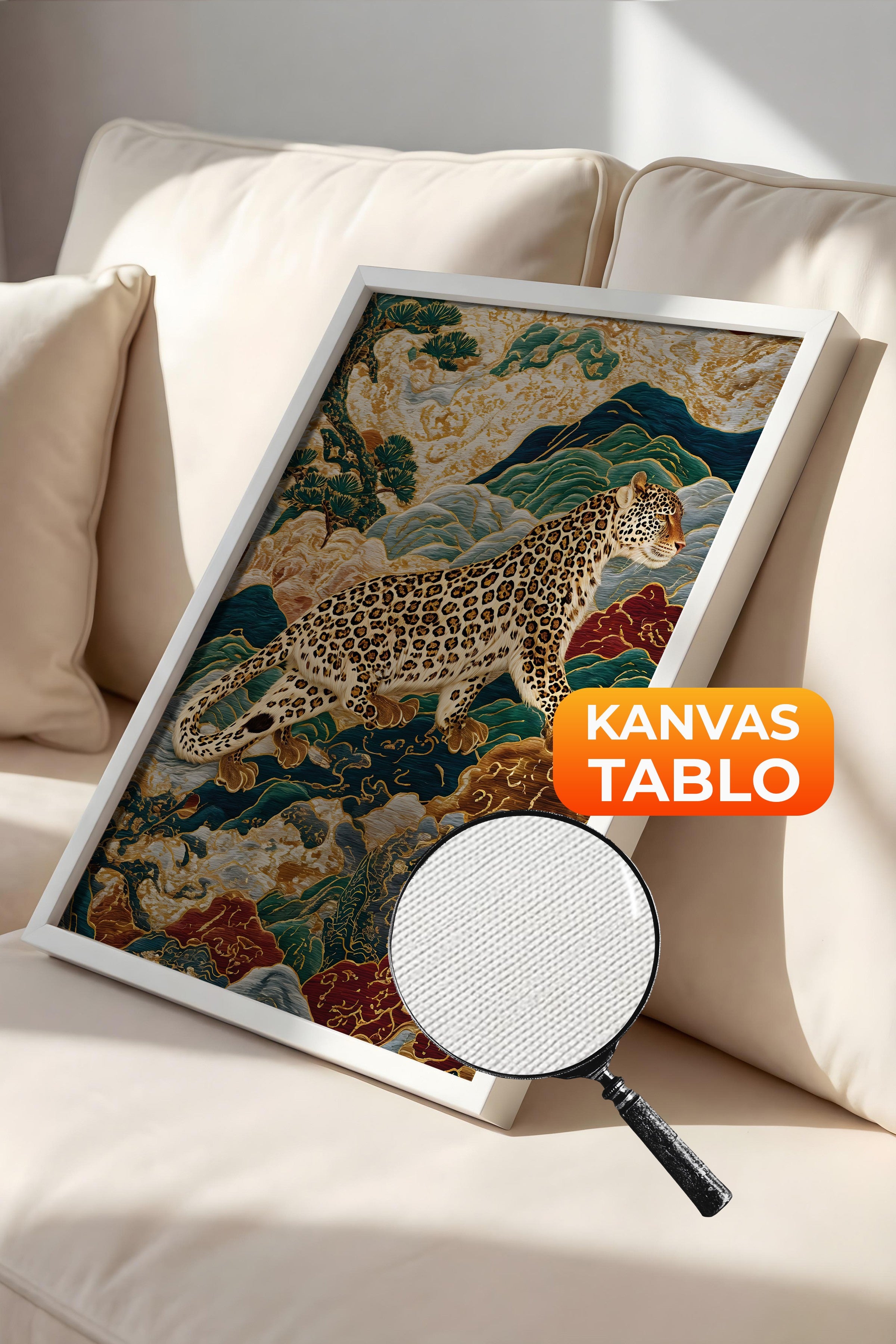 Duvar Tablosu, Lüks Beyaz Çerçeveli Kanvas Tablo, Ritüel Serisi, Leopar Tablo, NO:115250
