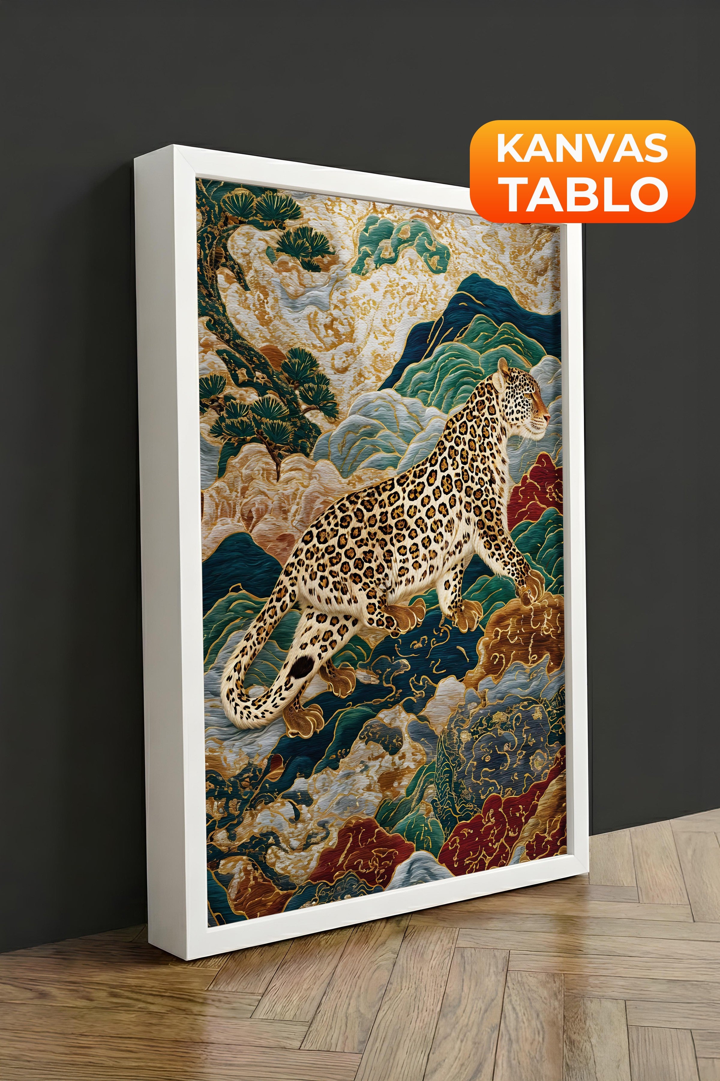 Duvar Tablosu, Lüks Beyaz Çerçeveli Kanvas Tablo, Ritüel Serisi, Leopar Tablo, NO:115250
