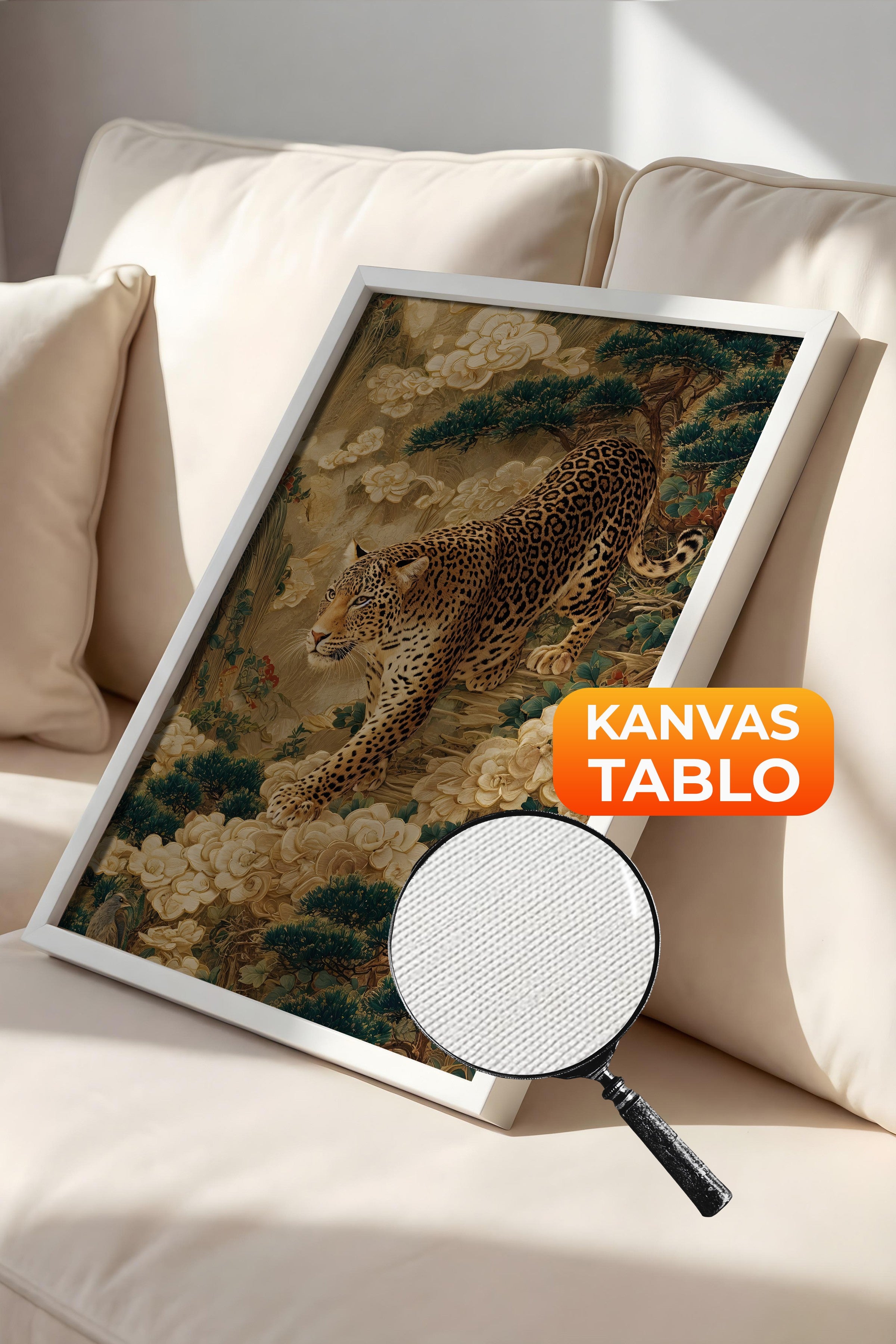 Duvar Tablosu, Lüks Beyaz Çerçeveli Kanvas Tablo, Ritüel Serisi, Leopar Tablo, NO:115251