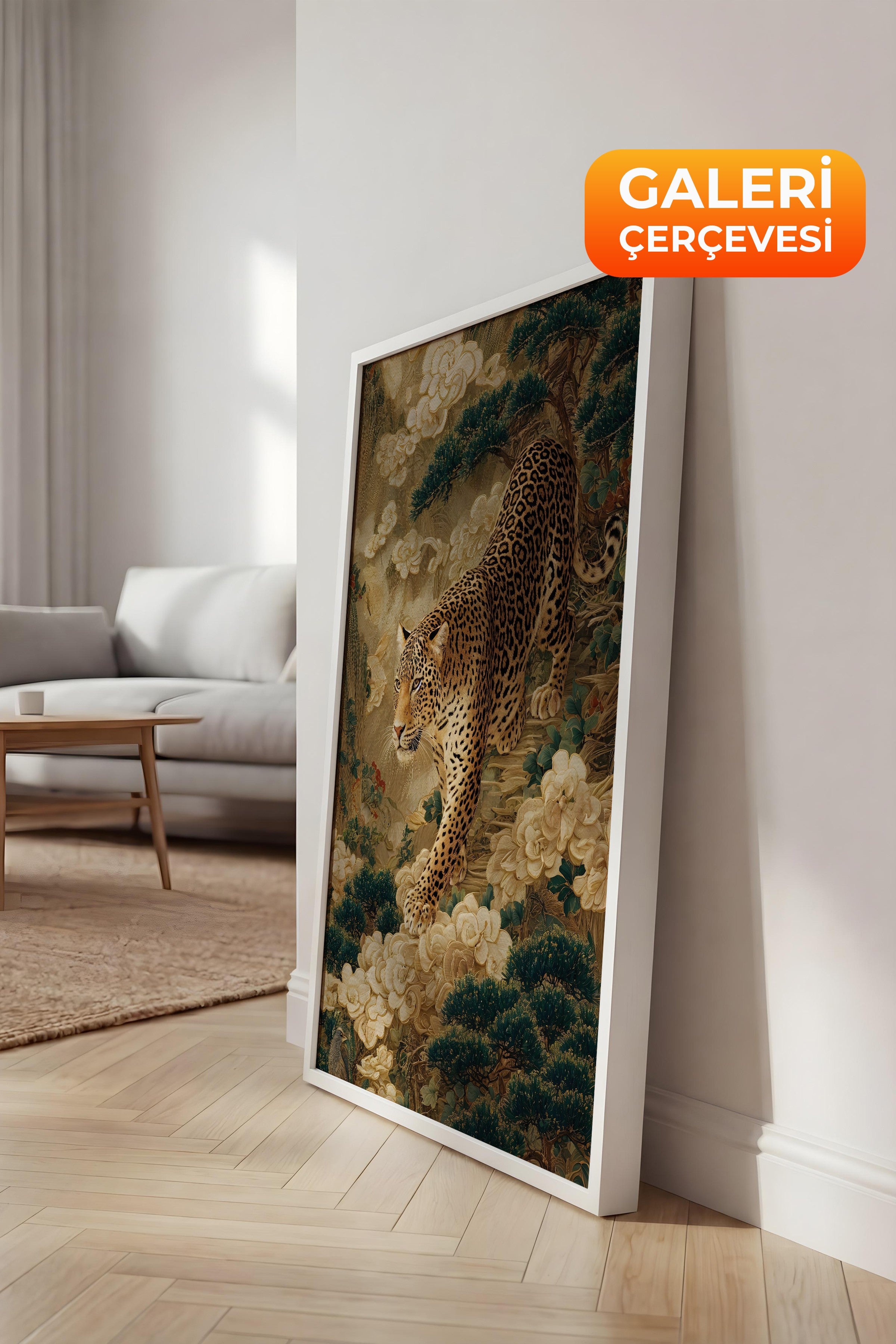 Duvar Tablosu, Lüks Beyaz Çerçeveli Kanvas Tablo, Ritüel Serisi, Leopar Tablo, NO:115251