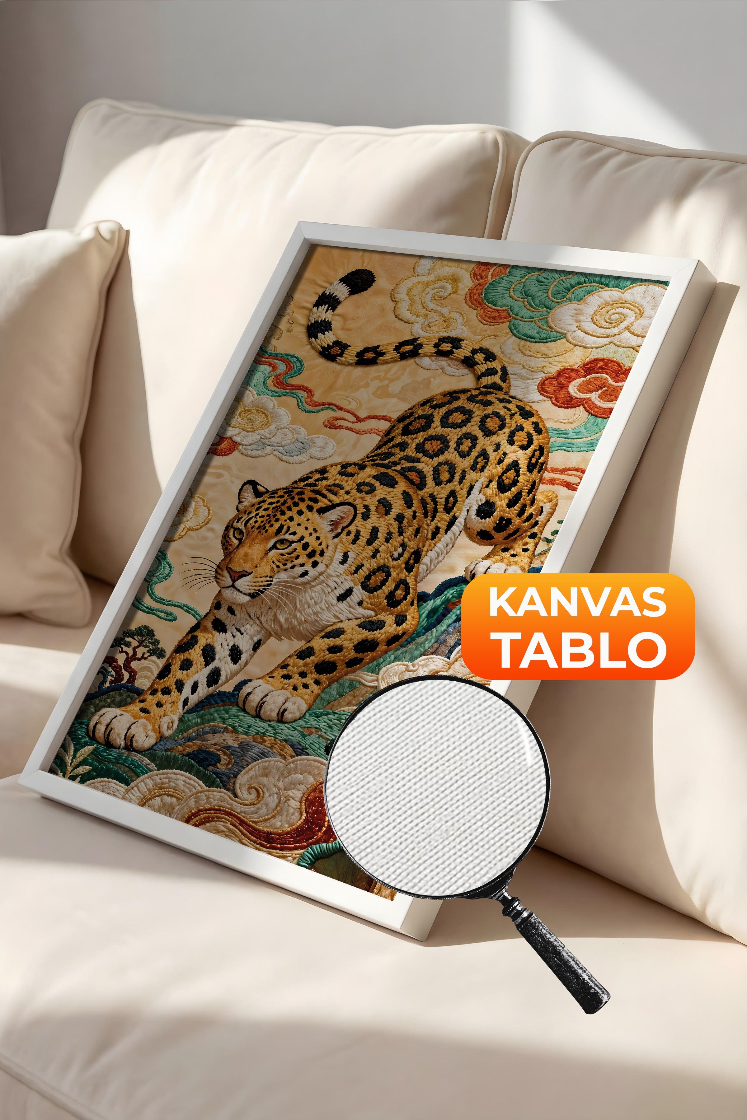 Duvar Tablosu, Lüks Beyaz Çerçeveli Kanvas Tablo, Ritüel Serisi, Leopar Tablo, NO:115253