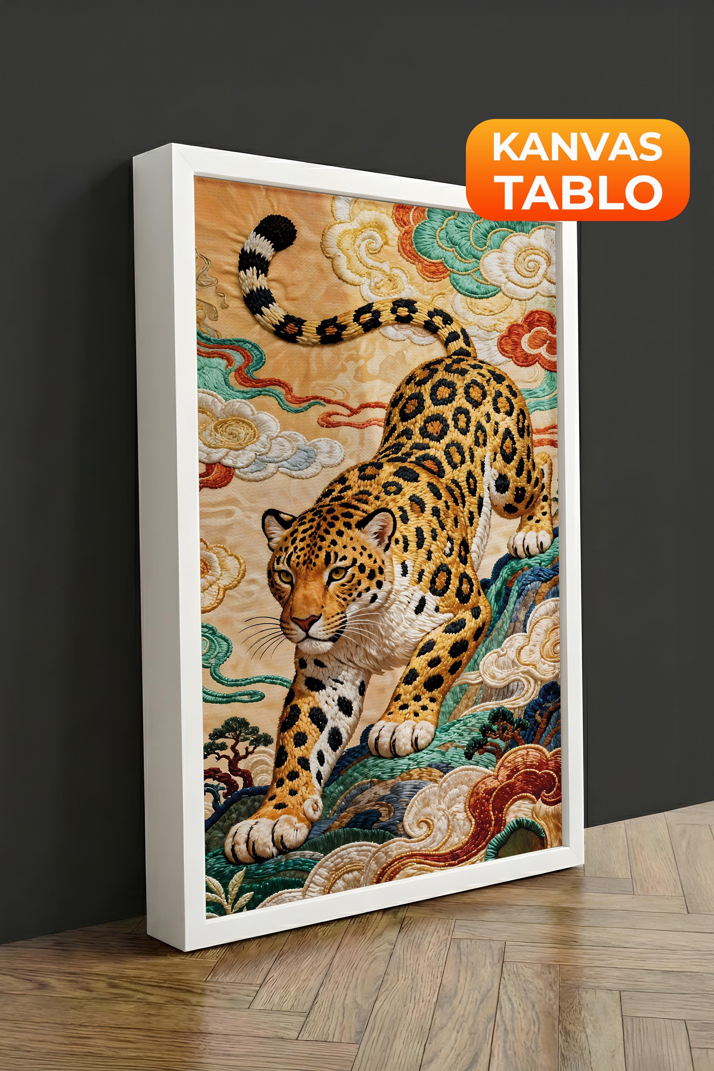 Duvar Tablosu, Lüks Beyaz Çerçeveli Kanvas Tablo, Ritüel Serisi, Leopar Tablo, NO:115253