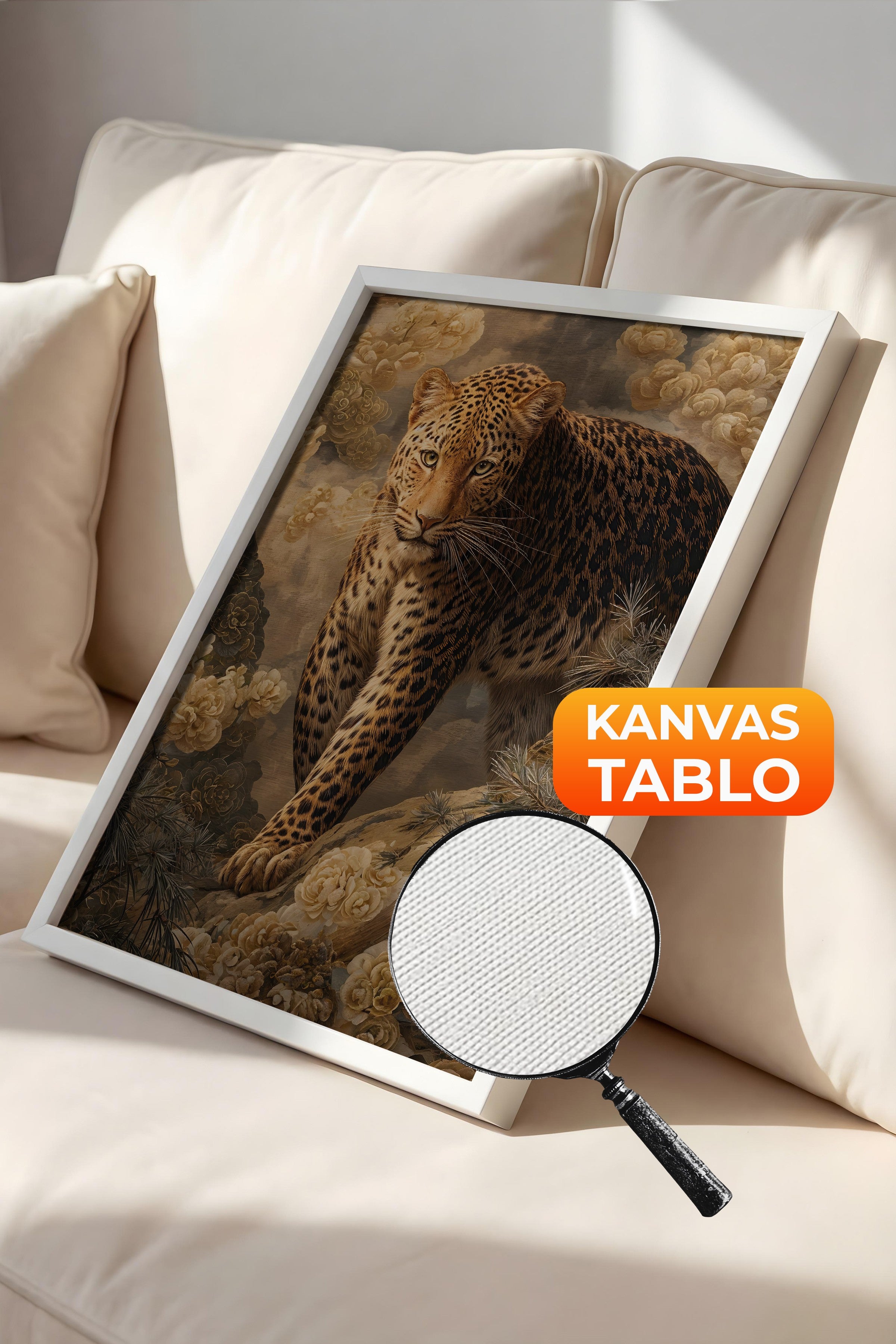 Duvar Tablosu, Lüks Beyaz Çerçeveli Kanvas Tablo, Ritüel Serisi, Leopar Tablo, NO:115254