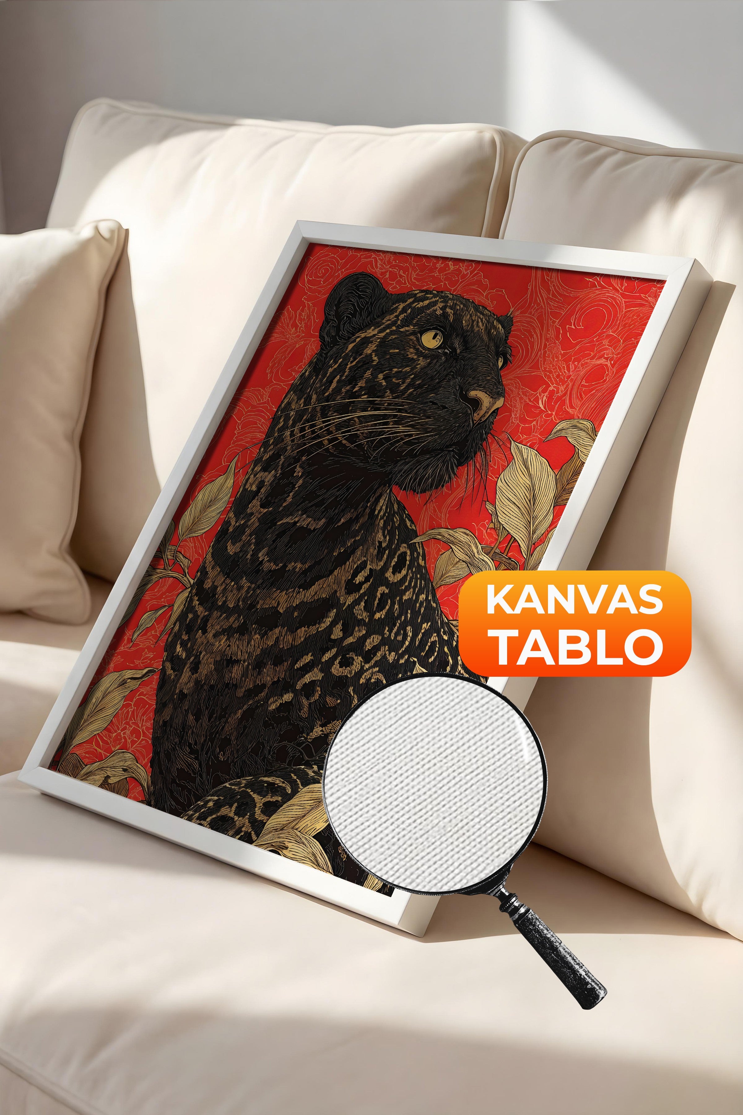 Duvar Tablosu, Lüks Beyaz Çerçeveli Kanvas Tablo, Ritüel Serisi, Leopar Tablo, NO:115265