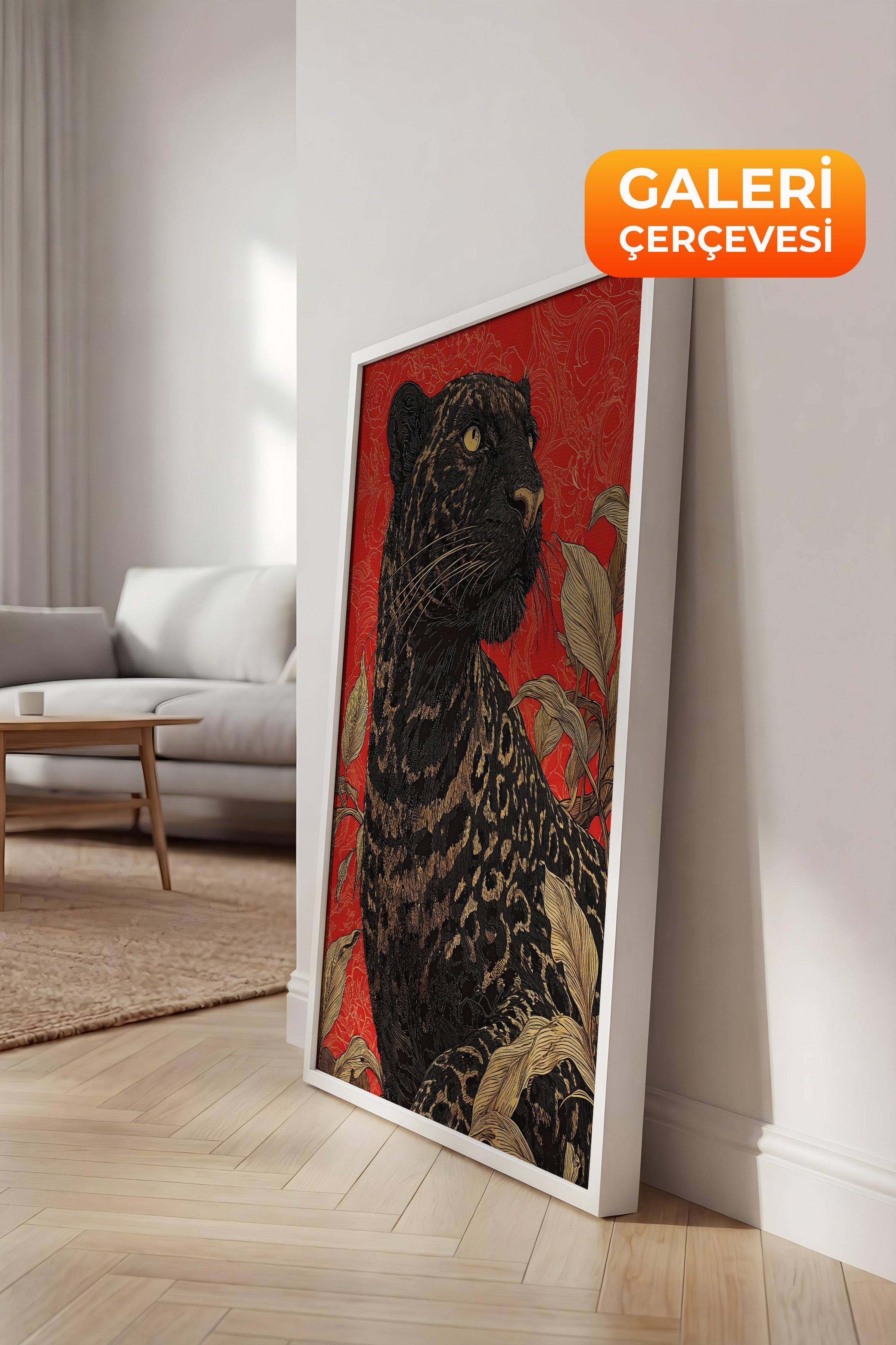 Duvar Tablosu, Lüks Beyaz Çerçeveli Kanvas Tablo, Ritüel Serisi, Leopar Tablo, NO:115265