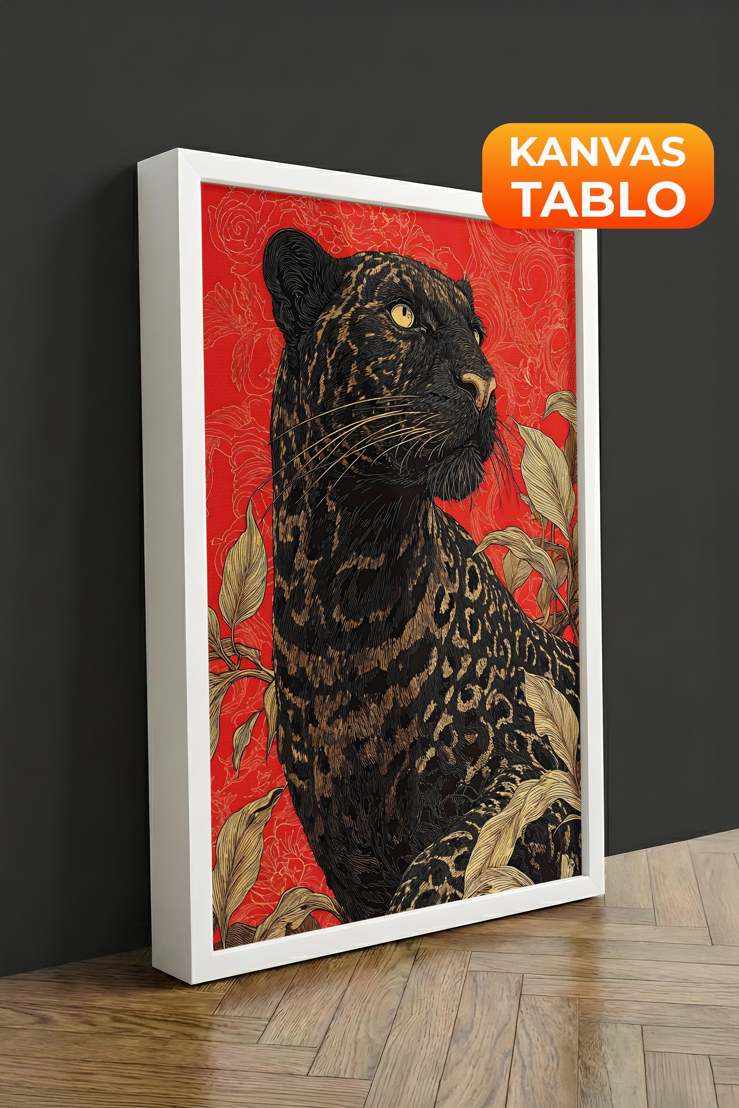 Duvar Tablosu, Lüks Beyaz Çerçeveli Kanvas Tablo, Ritüel Serisi, Leopar Tablo, NO:115265