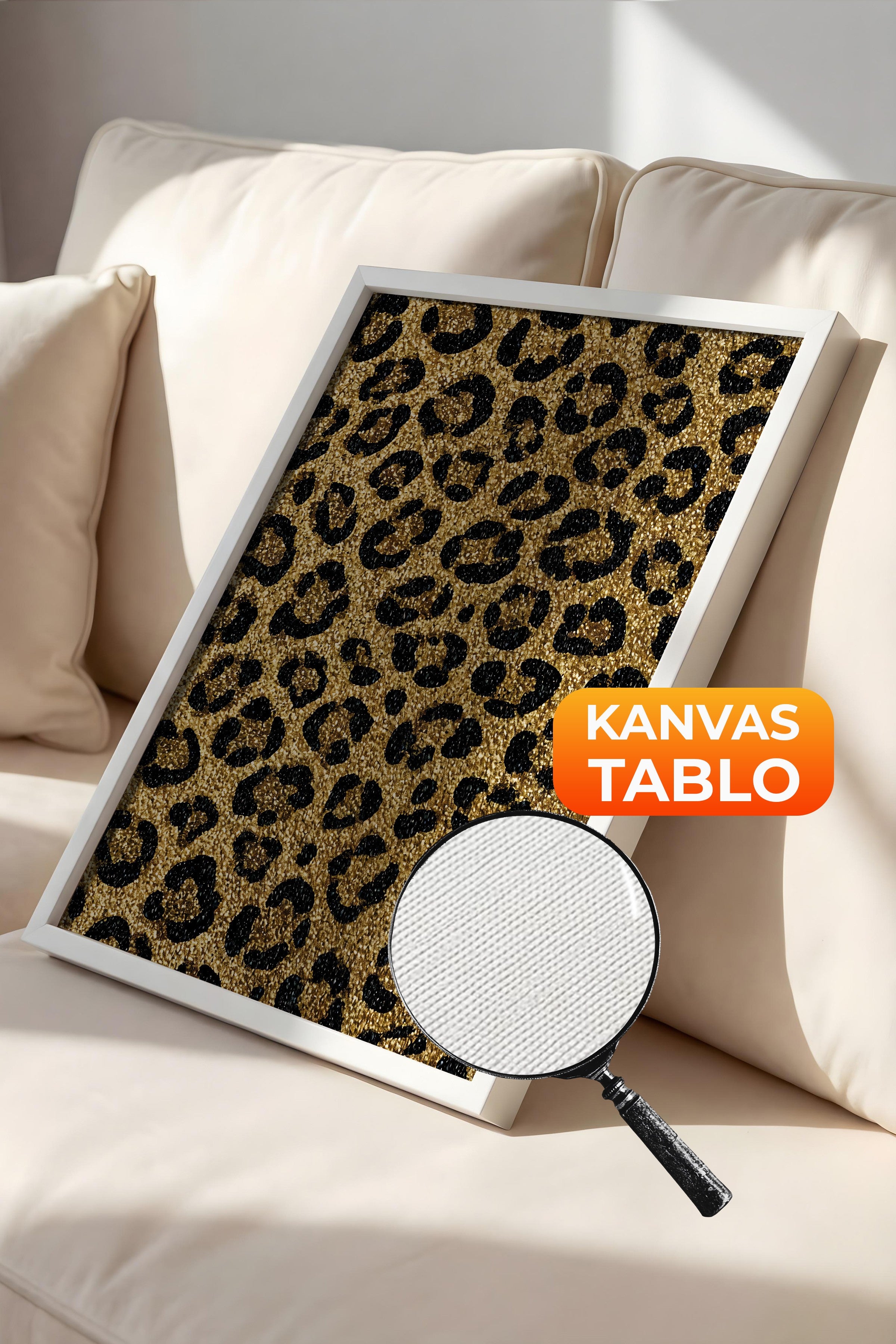 Duvar Tablosu, Lüks Beyaz Çerçeveli Kanvas Tablo, Ritüel Serisi, Leopar Tablo, NO:115266