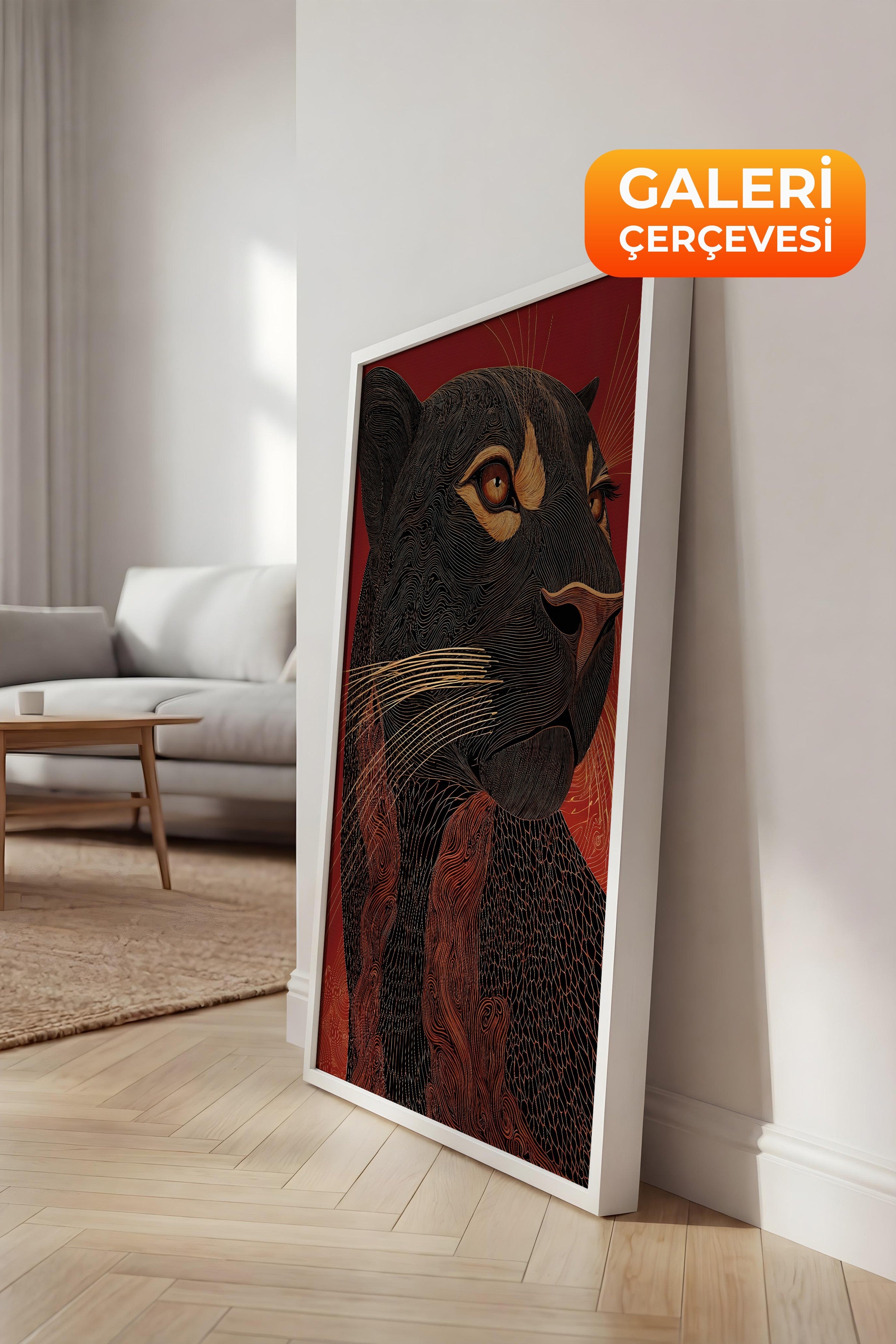 Duvar Tablosu, Lüks Beyaz Çerçeveli Kanvas Tablo, Ritüel Serisi, Leopar Tablo, NO:115267