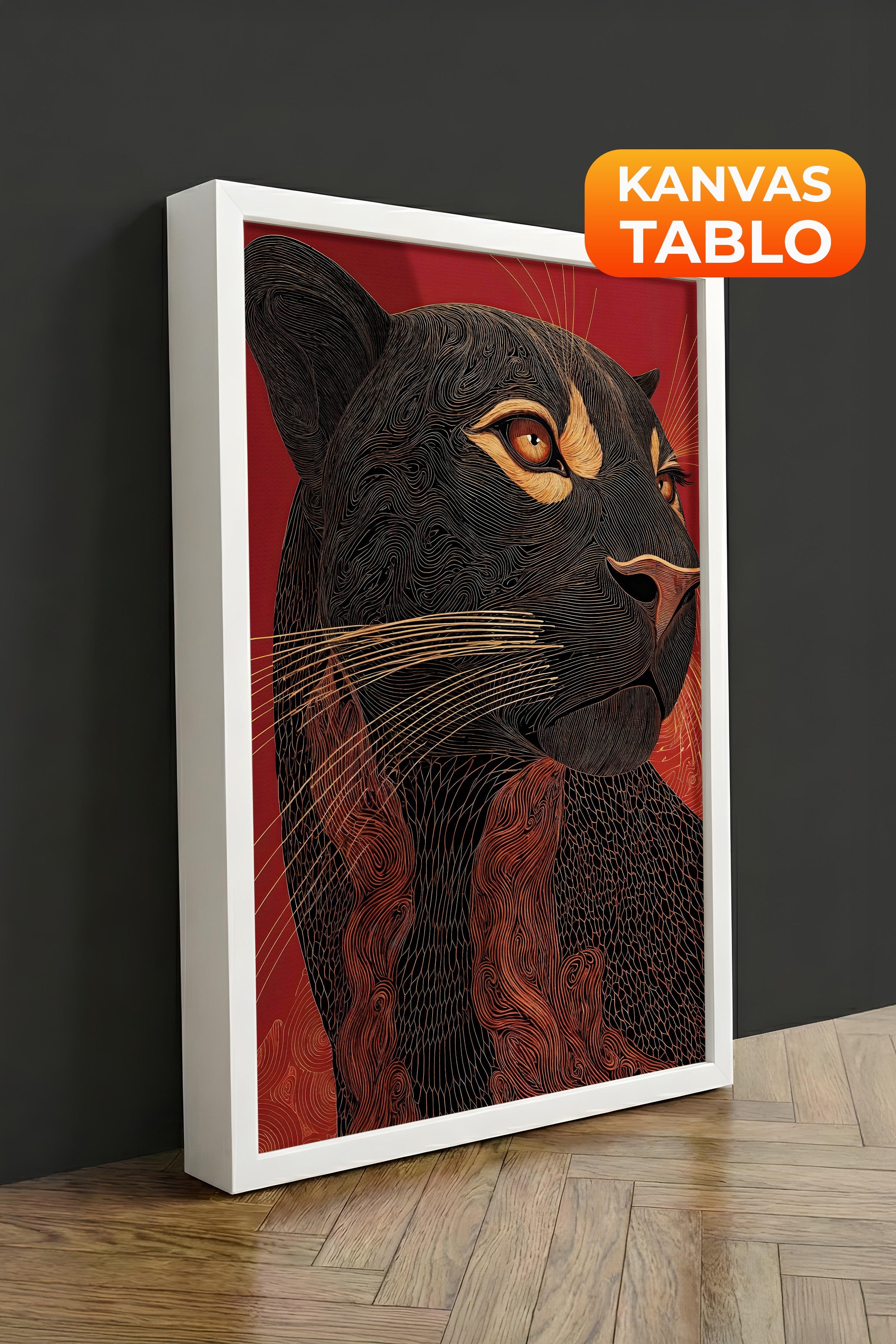 Duvar Tablosu, Lüks Beyaz Çerçeveli Kanvas Tablo, Ritüel Serisi, Leopar Tablo, NO:115267