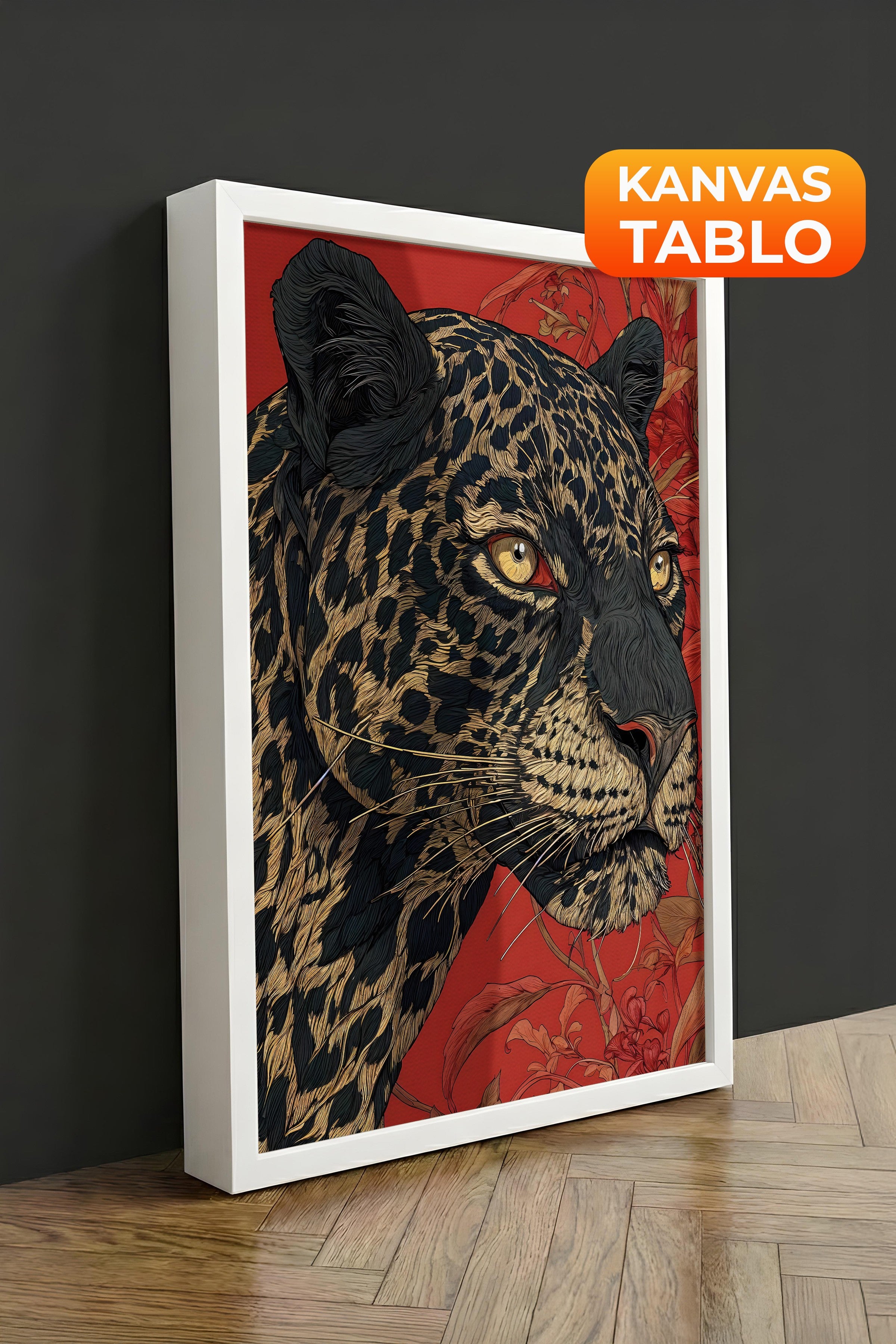 Duvar Tablosu, Lüks Beyaz Çerçeveli Kanvas Tablo, Ritüel Serisi, Leopar Tablo, NO:115268