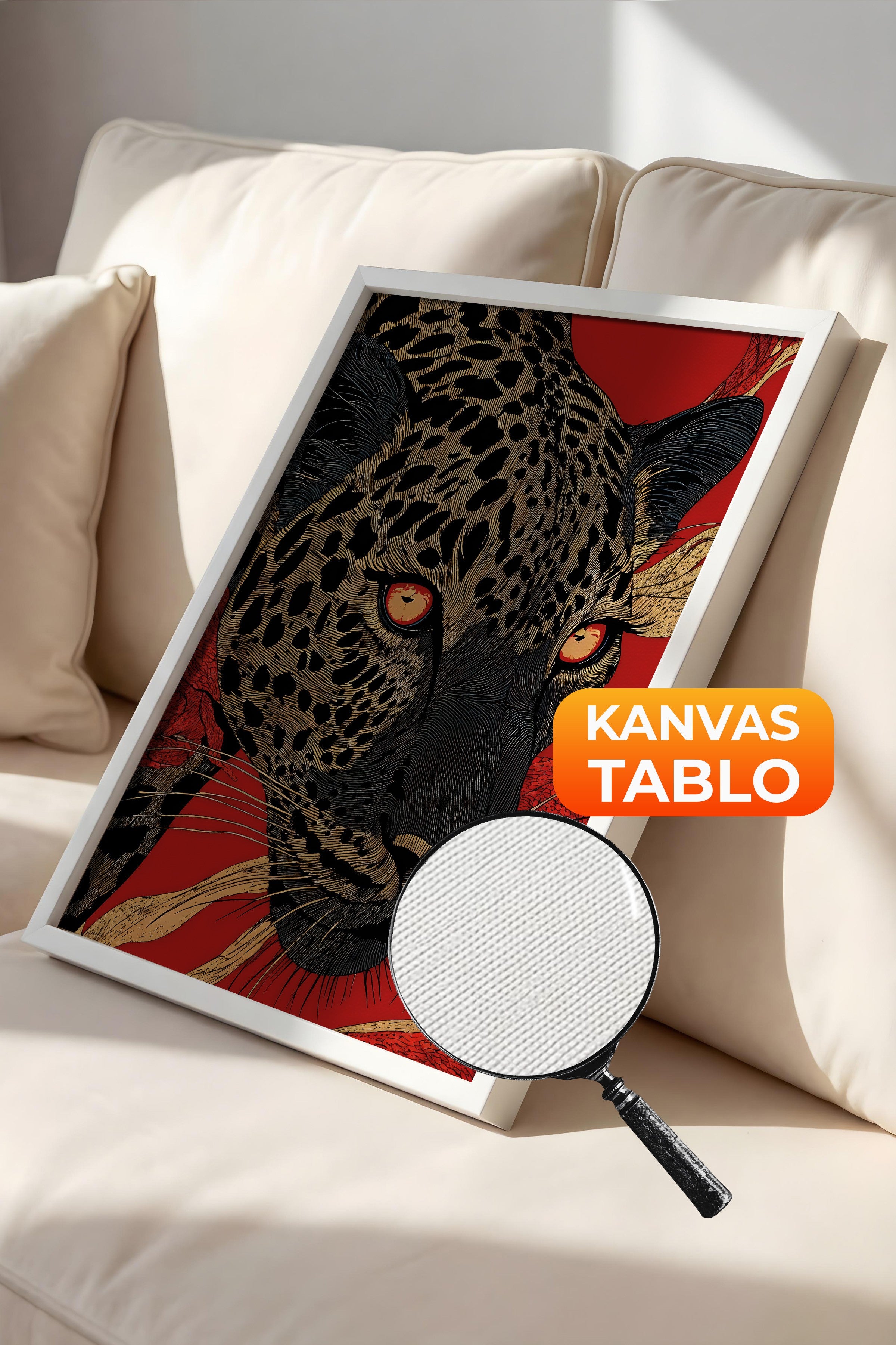Duvar Tablosu, Lüks Beyaz Çerçeveli Kanvas Tablo, Ritüel Serisi, Leopar Tablo, NO:115270