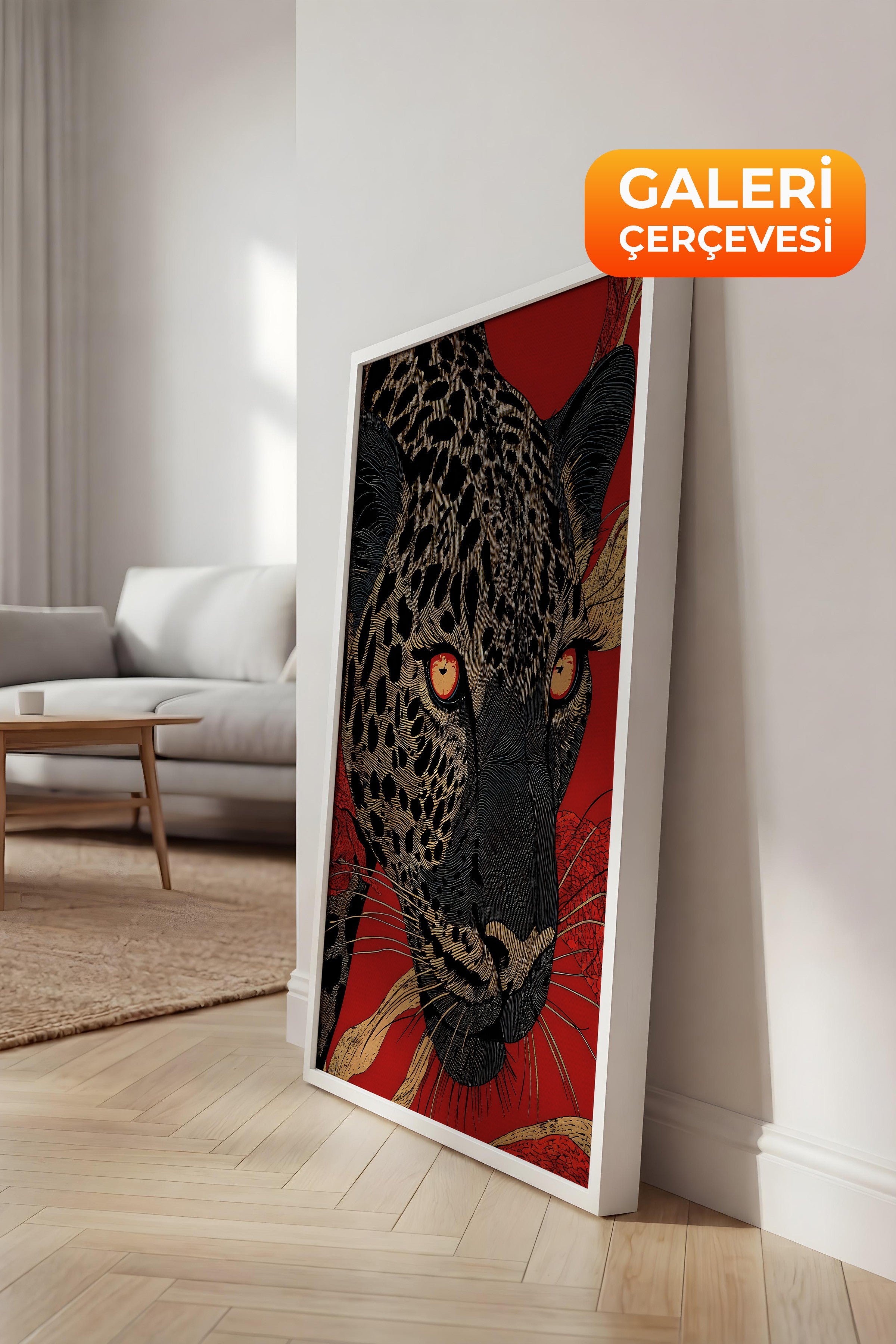 Duvar Tablosu, Lüks Beyaz Çerçeveli Kanvas Tablo, Ritüel Serisi, Leopar Tablo, NO:115270