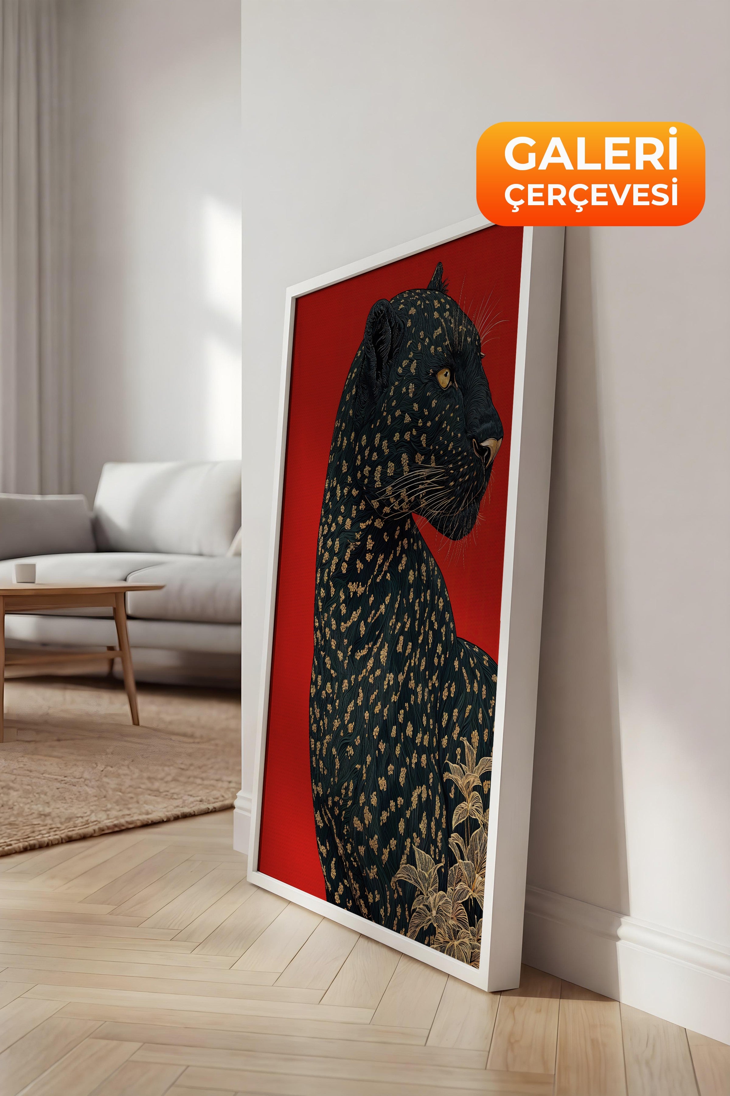 Duvar Tablosu, Lüks Beyaz Çerçeveli Kanvas Tablo, Ritüel Serisi, Leopar Tablo, NO:115272