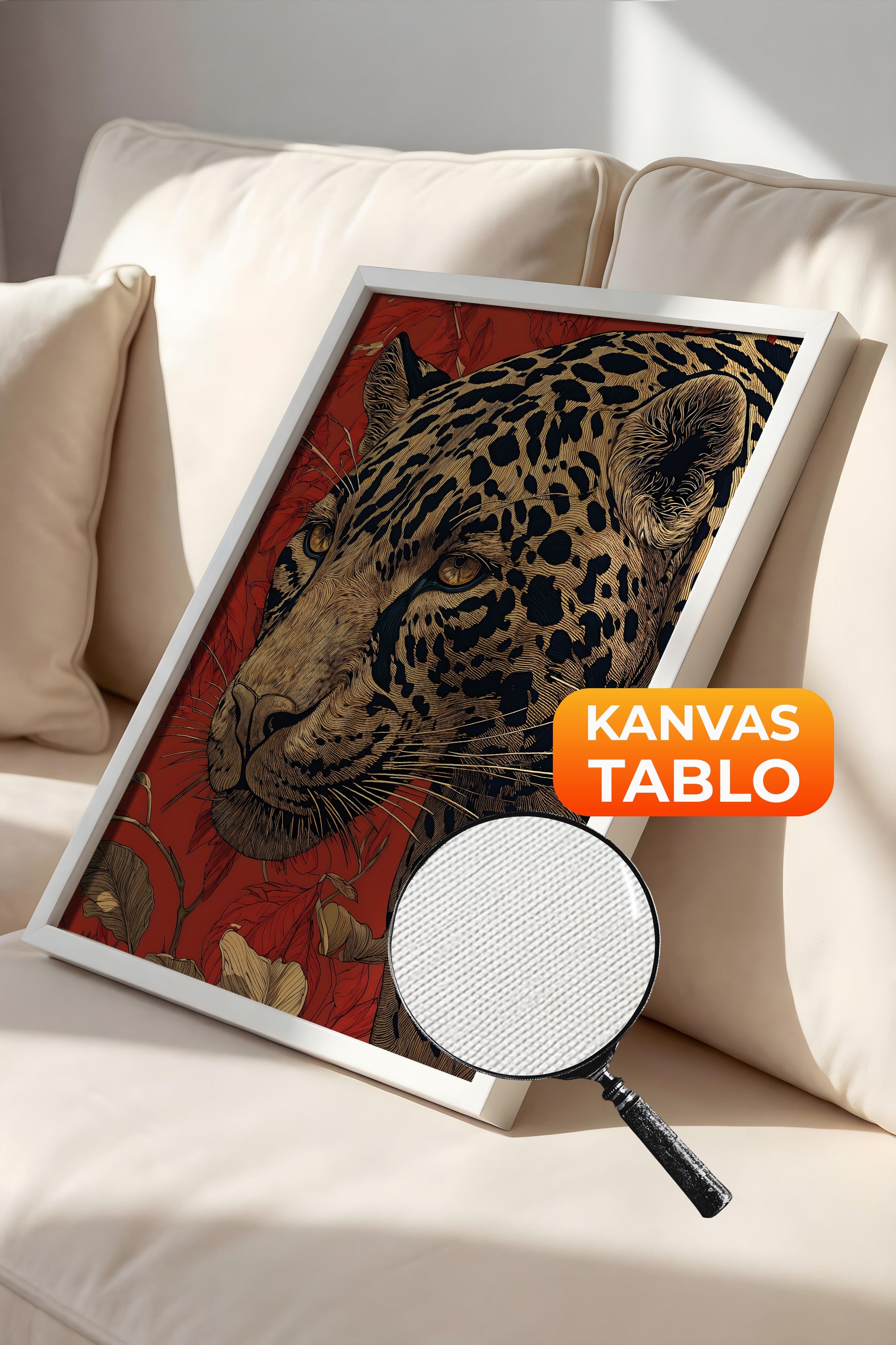 Duvar Tablosu, Lüks Beyaz Çerçeveli Kanvas Tablo, Ritüel Serisi, Leopar Tablo, NO:115273