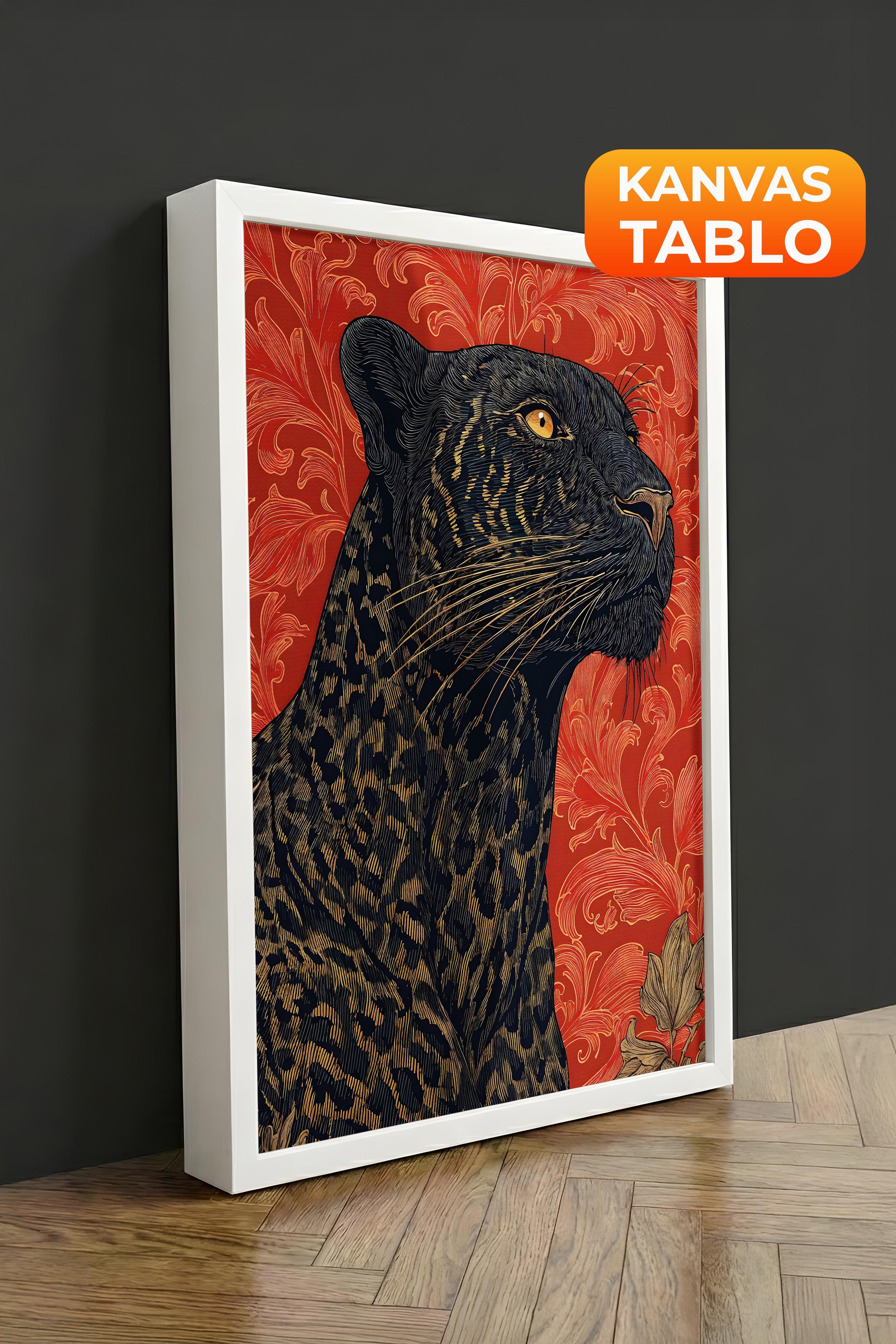 Duvar Tablosu, Lüks Beyaz Çerçeveli Kanvas Tablo, Ritüel Serisi, Leopar Tablo, NO:115274