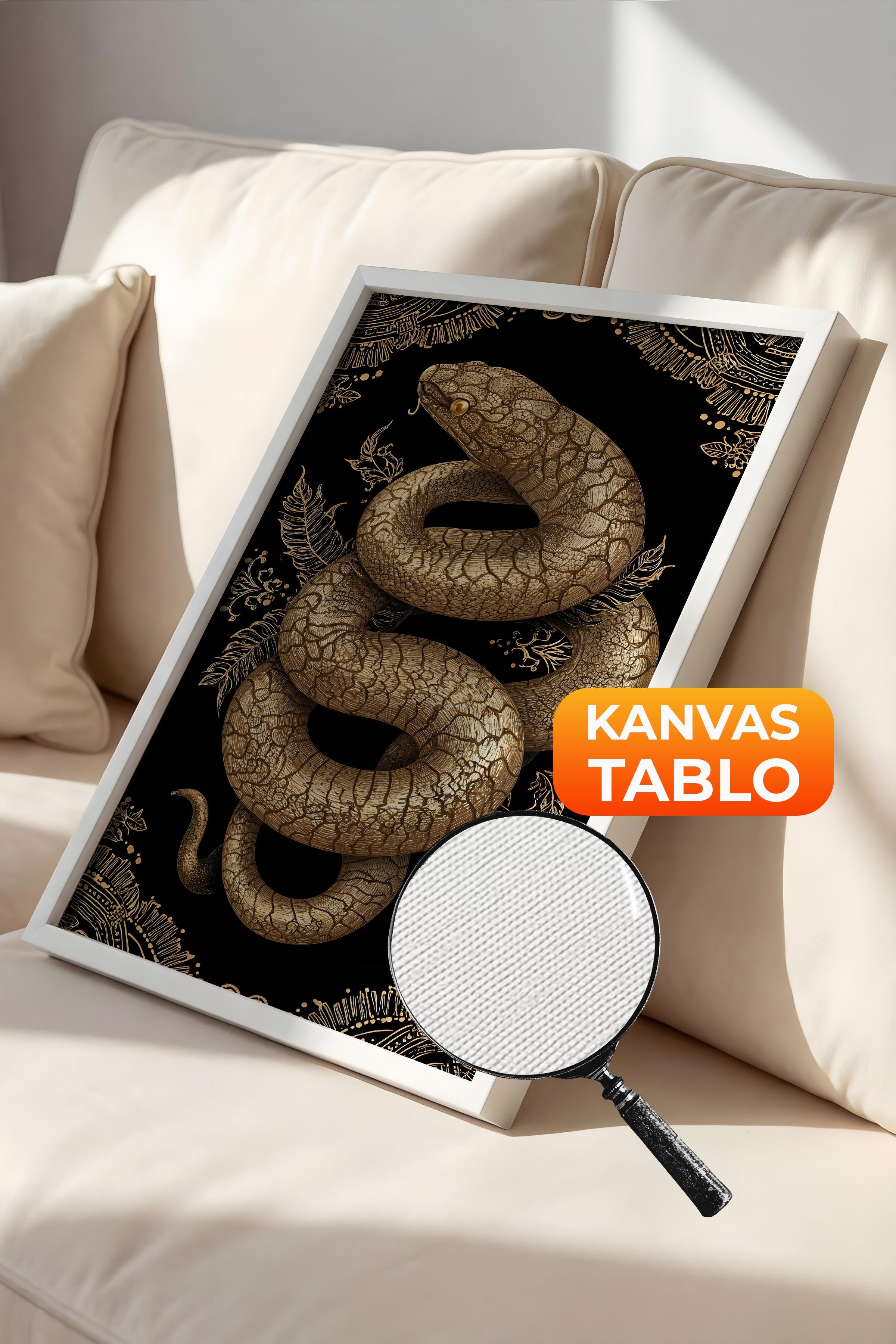 Duvar Tablosu, Lüks Beyaz Çerçeveli Kanvas Tablo, Ritüel Serisi, Yılan Tablo, NO:115271