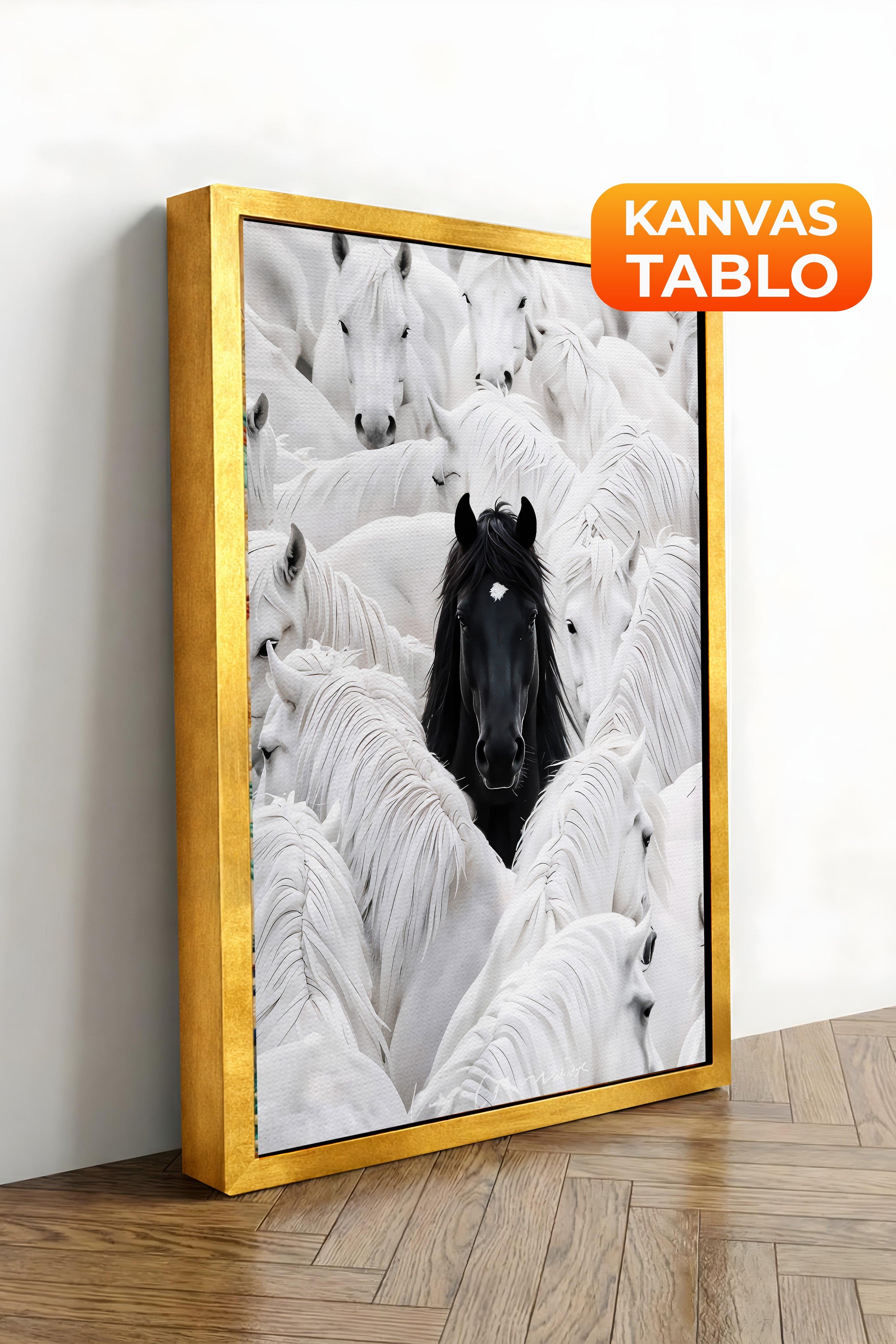 Duvar Tablosu, Lüks Gold Çerçeveli Kanvas Tablo, Ritüel Serisi, At Tablo, NO:115191