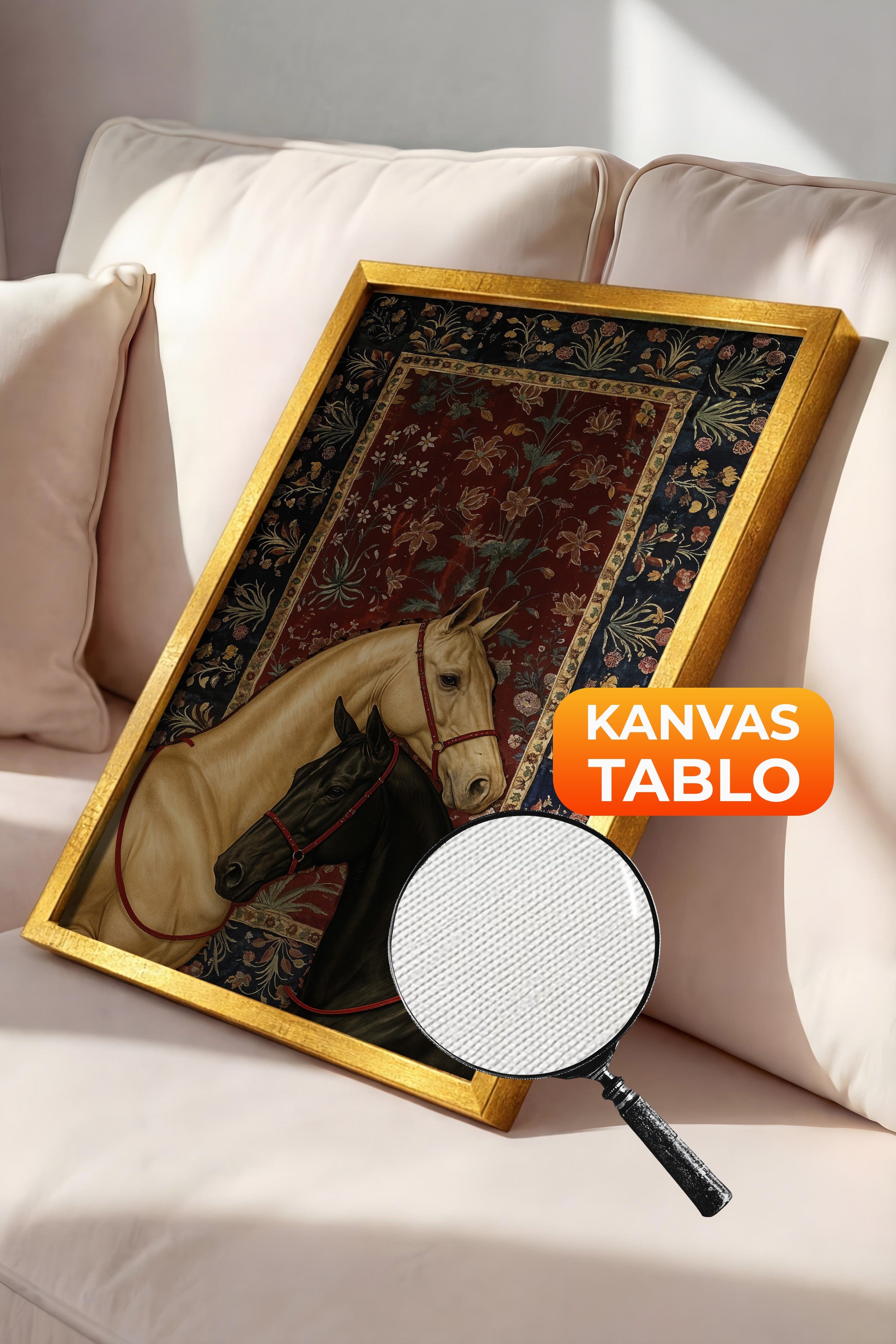 Duvar Tablosu, Lüks Gold Çerçeveli Kanvas Tablo, Ritüel Serisi, At Tablo, NO:115197
