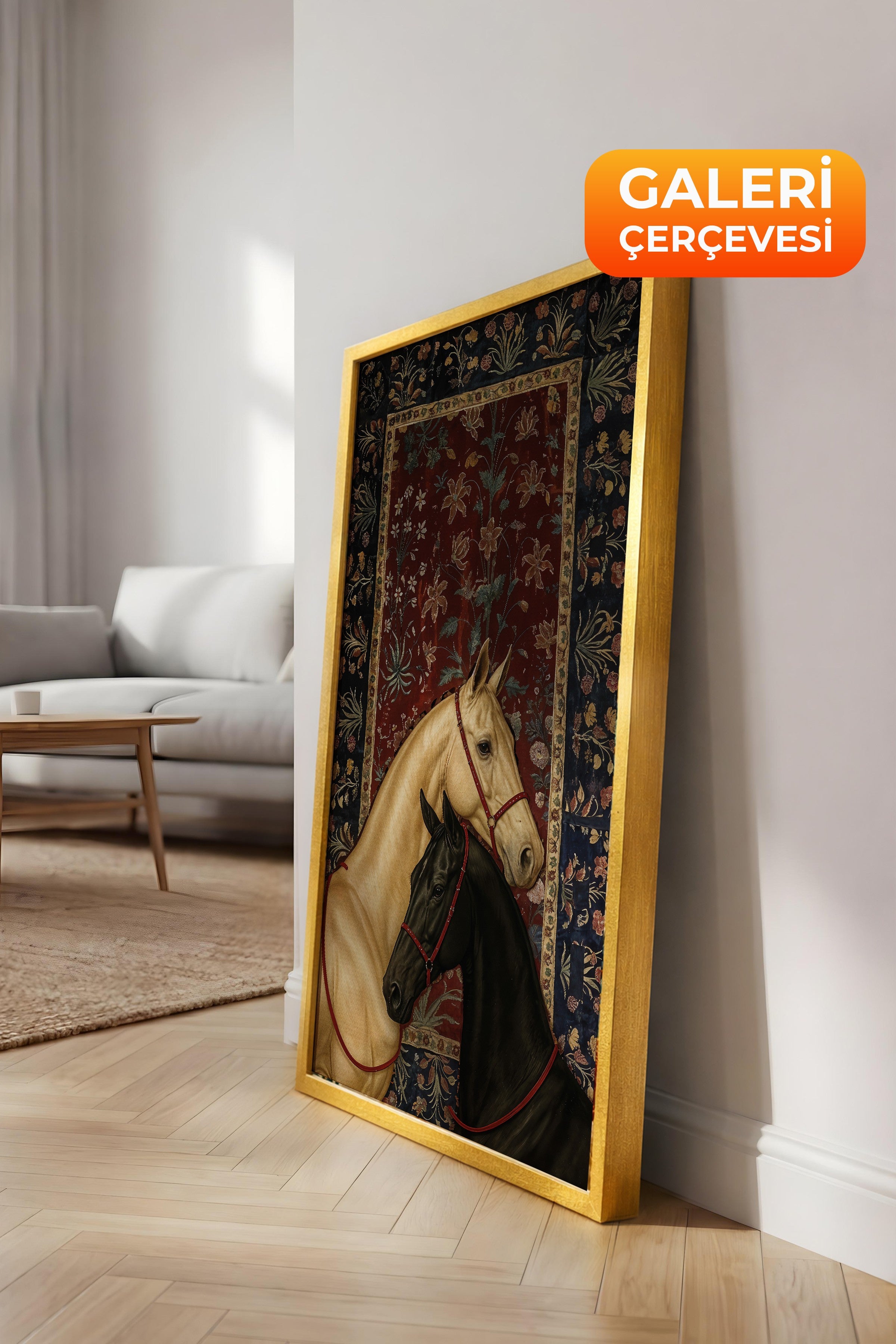 Duvar Tablosu, Lüks Gold Çerçeveli Kanvas Tablo, Ritüel Serisi, At Tablo, NO:115197