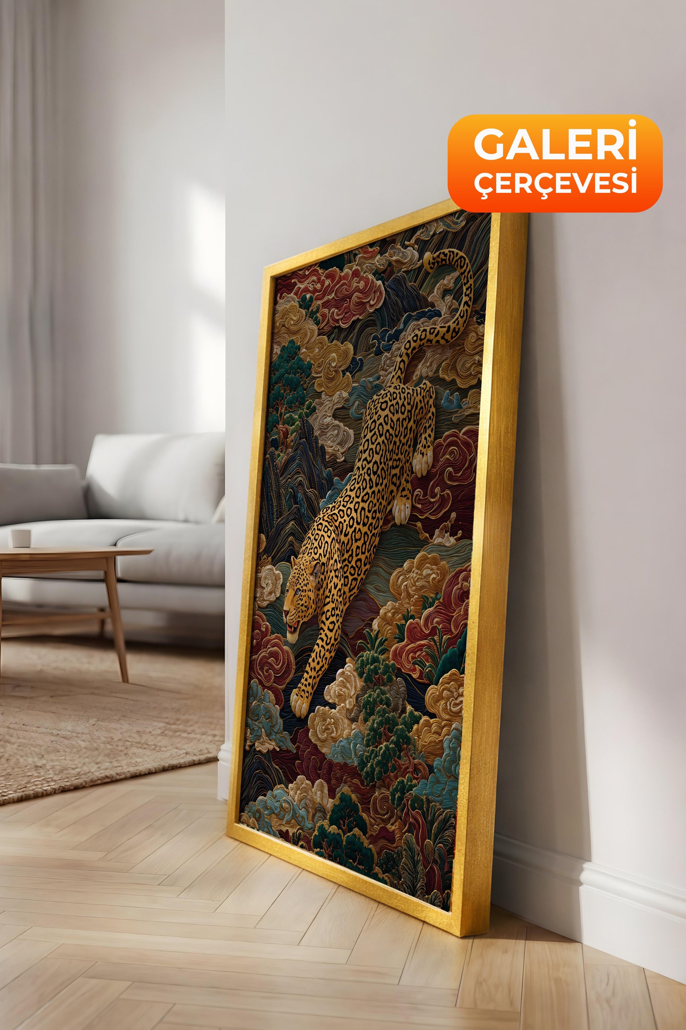 Duvar Tablosu, Lüks Gold Çerçeveli Kanvas Tablo, Ritüel Serisi, Leopar Tablo, NO:115247