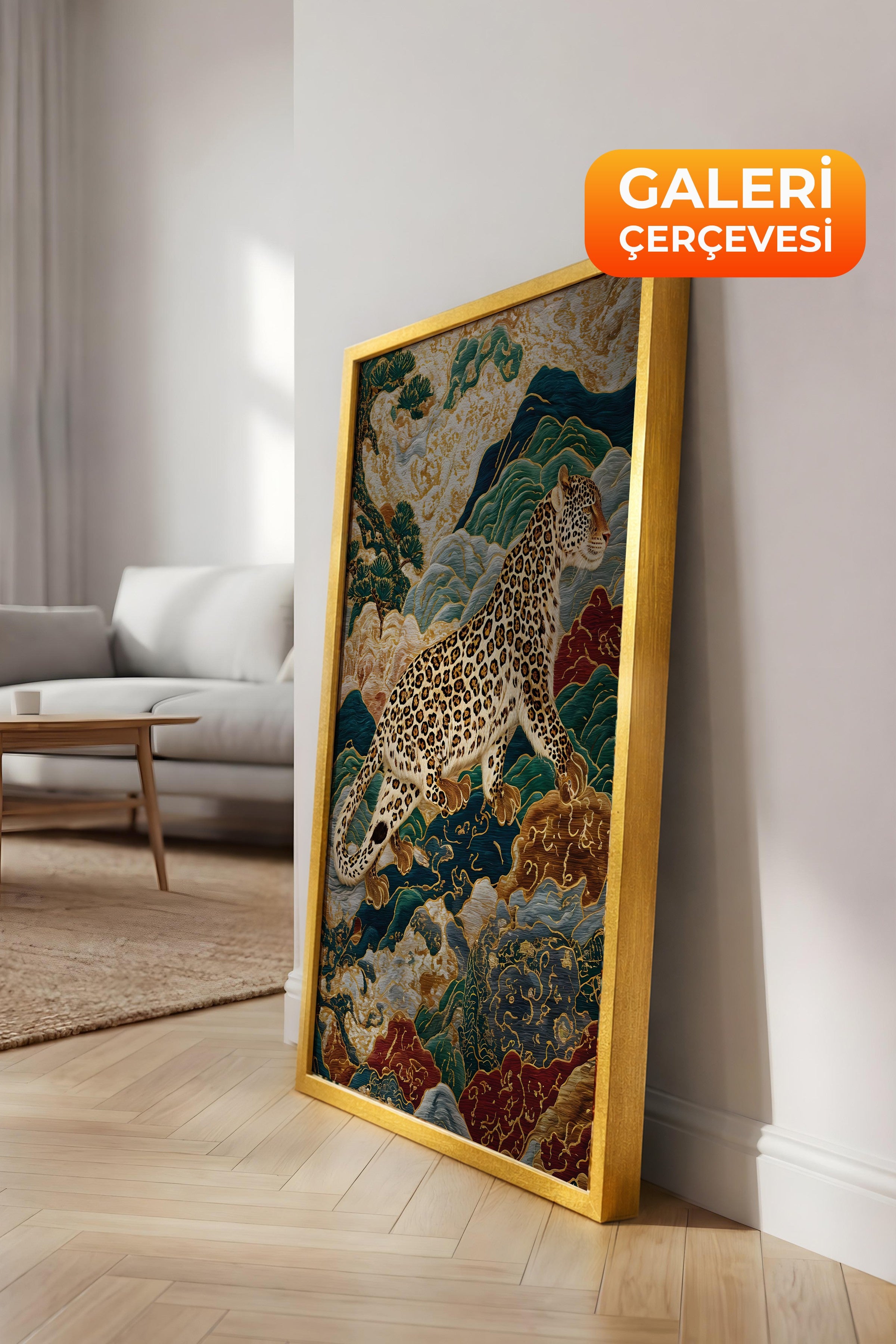 Duvar Tablosu, Lüks Gold Çerçeveli Kanvas Tablo, Ritüel Serisi, Leopar Tablo, NO:115250