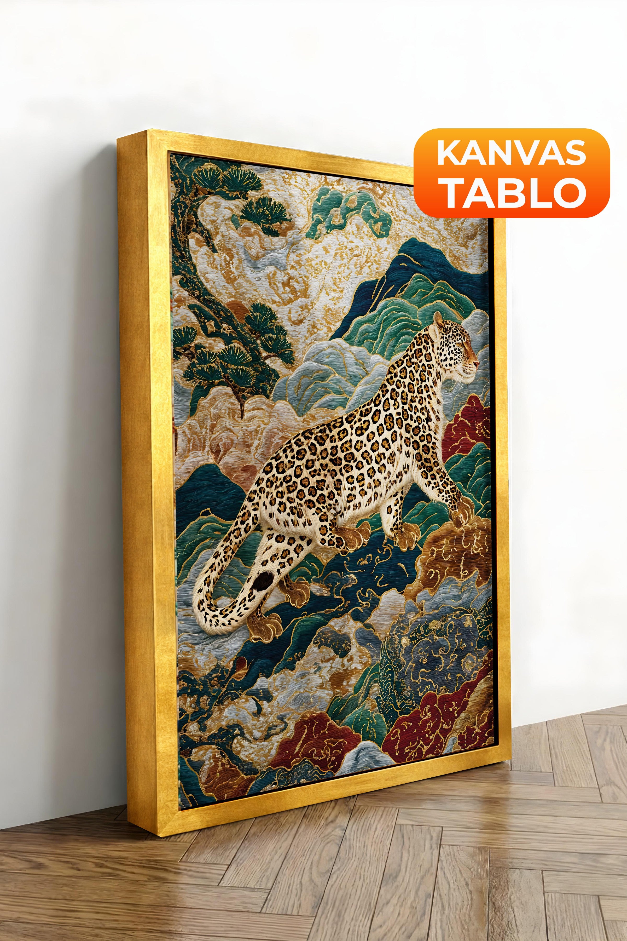 Duvar Tablosu, Lüks Gold Çerçeveli Kanvas Tablo, Ritüel Serisi, Leopar Tablo, NO:115250