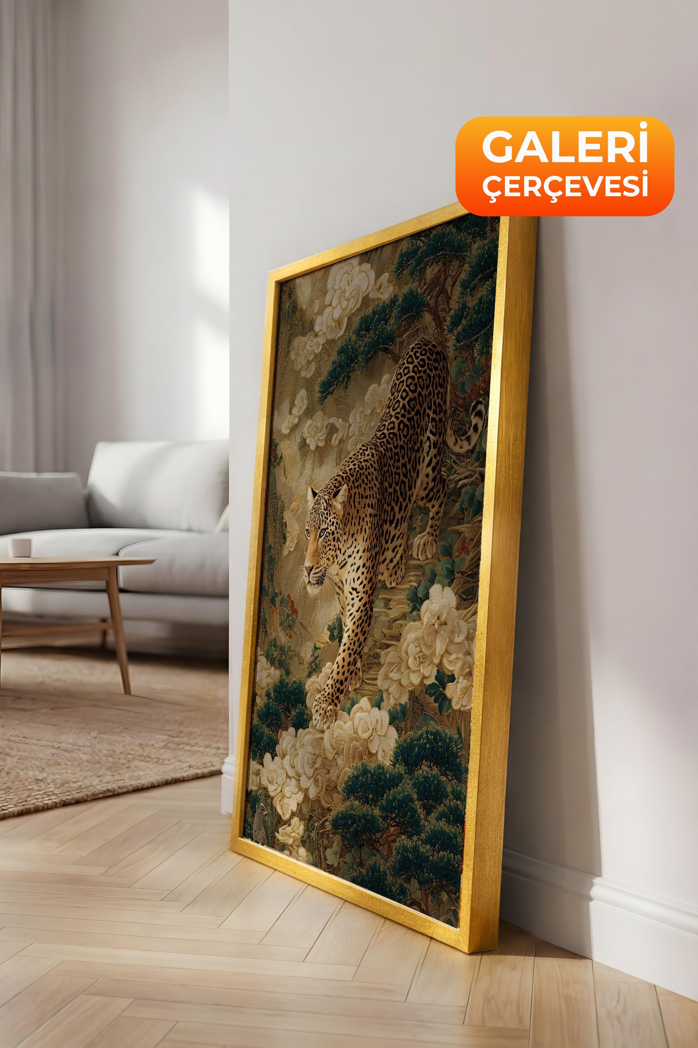 Duvar Tablosu, Lüks Gold Çerçeveli Kanvas Tablo, Ritüel Serisi, Leopar Tablo, NO:115251