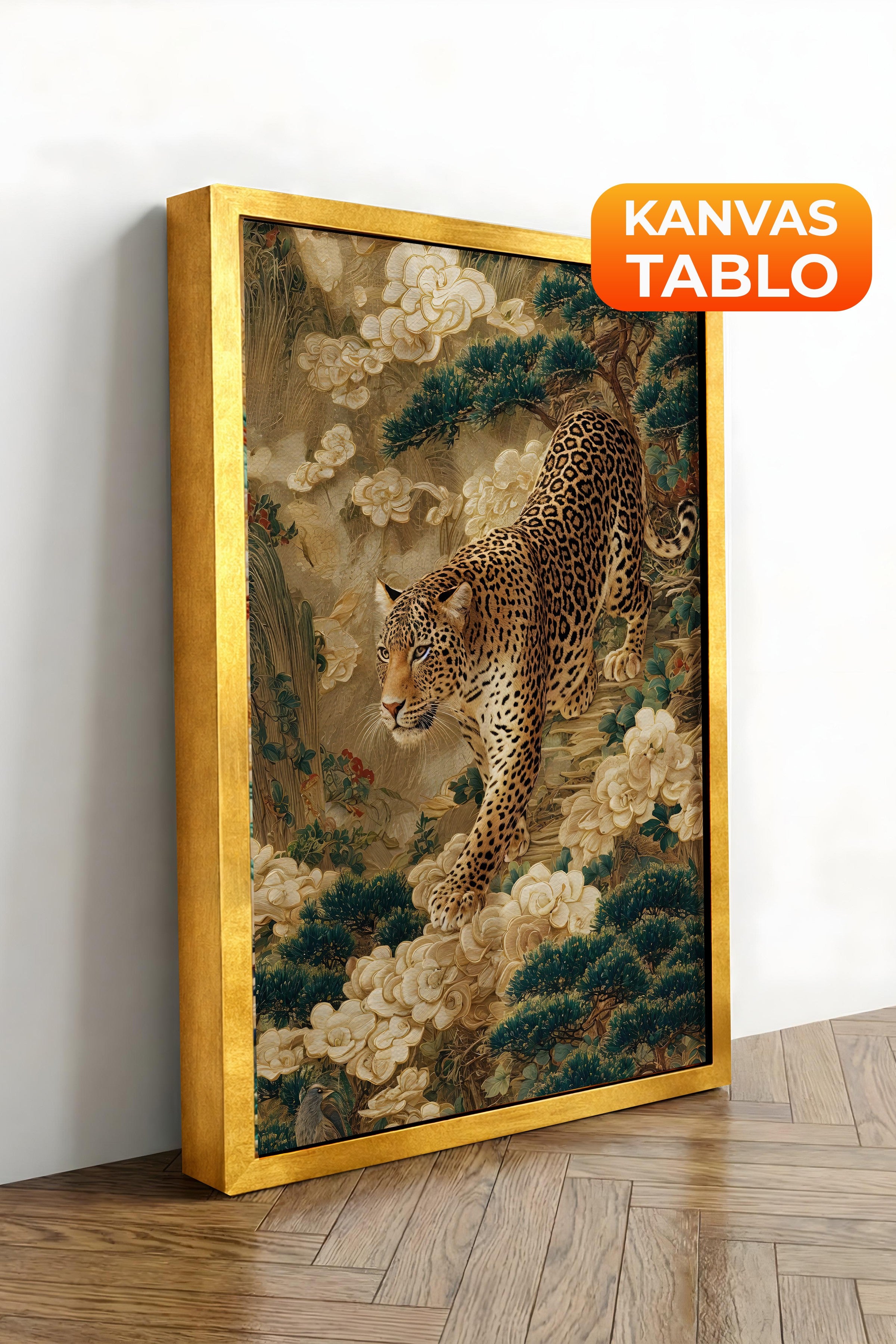 Duvar Tablosu, Lüks Gold Çerçeveli Kanvas Tablo, Ritüel Serisi, Leopar Tablo, NO:115251