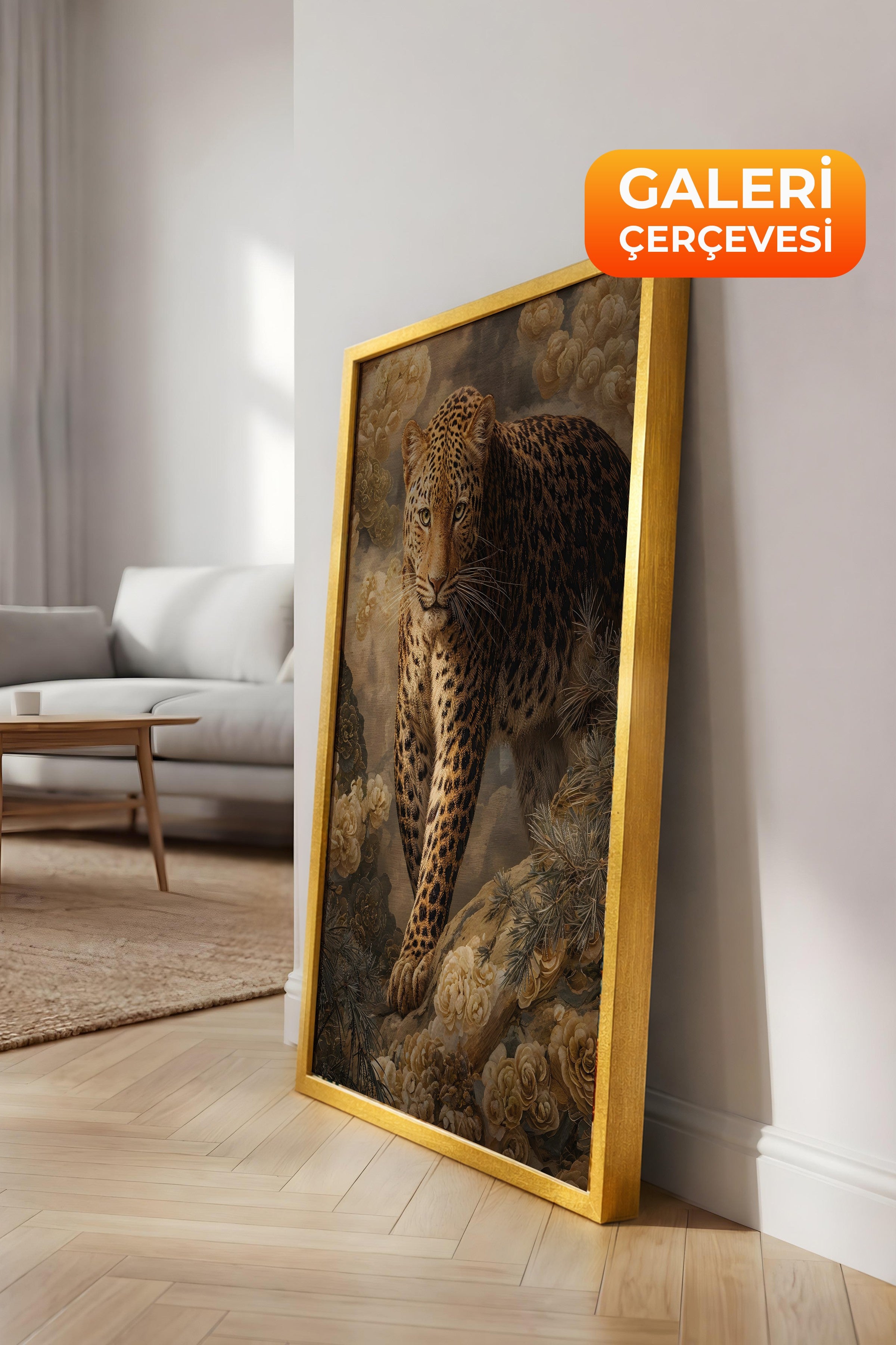 Duvar Tablosu, Lüks Gold Çerçeveli Kanvas Tablo, Ritüel Serisi, Leopar Tablo, NO:115254