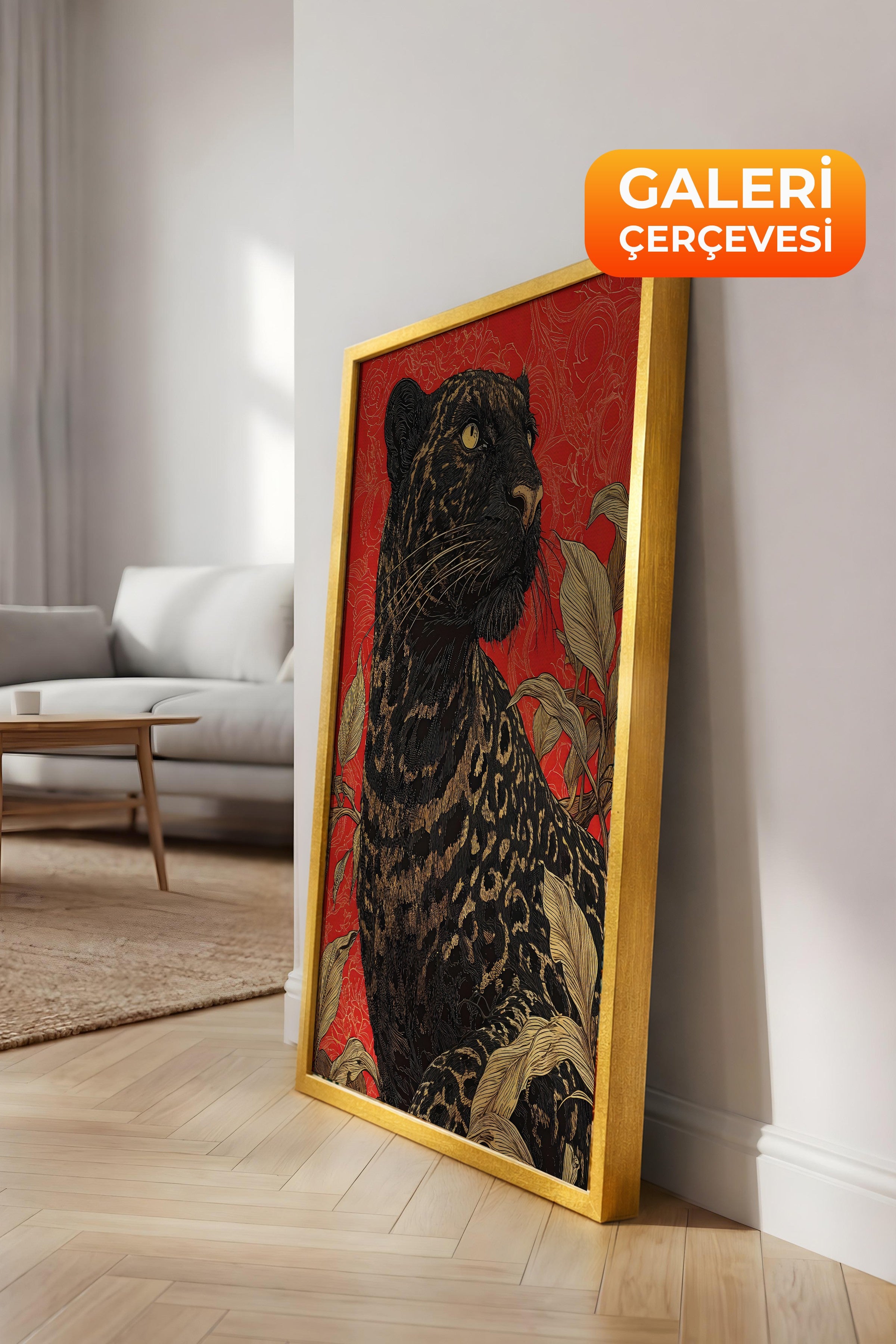 Duvar Tablosu, Lüks Gold Çerçeveli Kanvas Tablo, Ritüel Serisi, Leopar Tablo, NO:115265