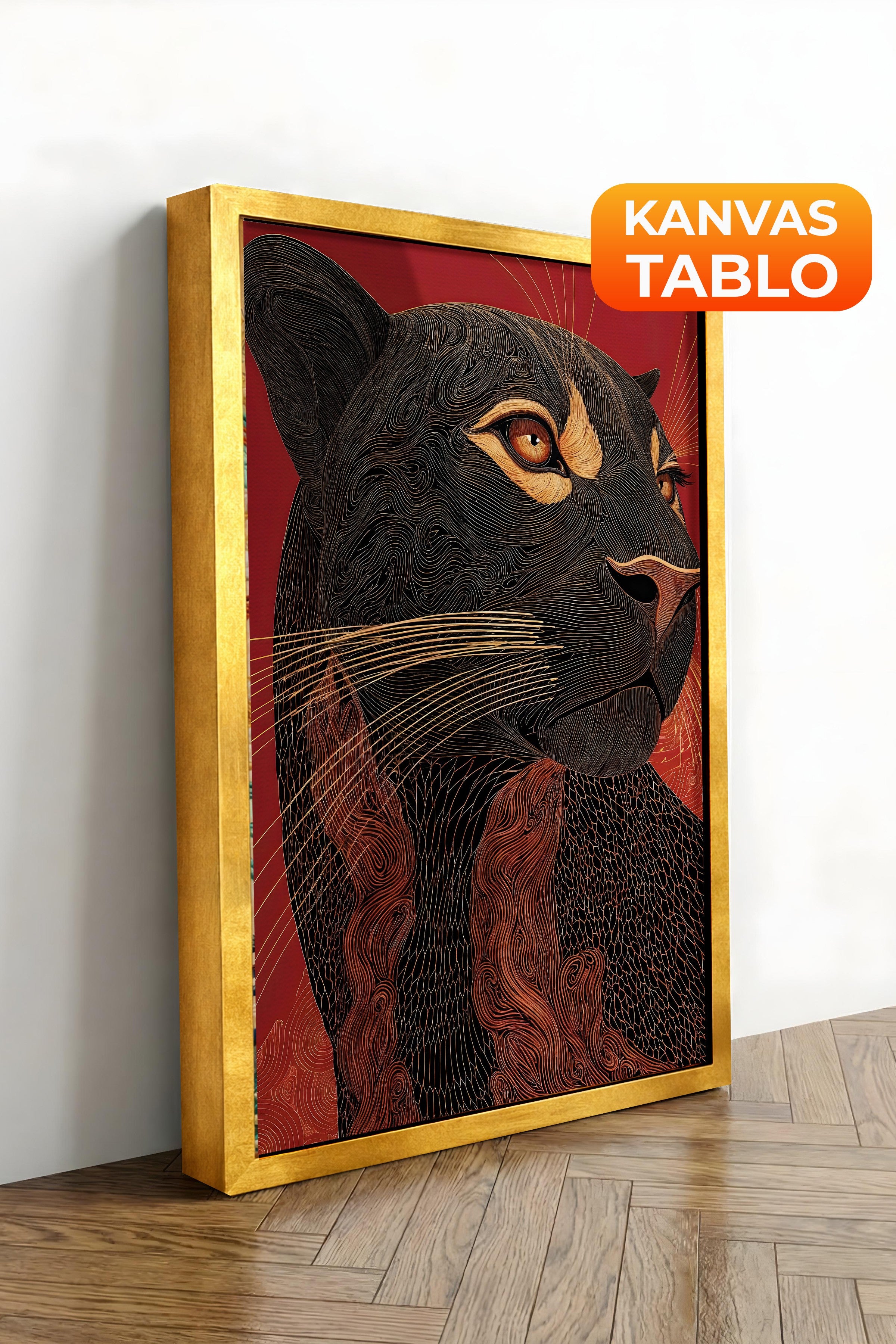 Duvar Tablosu, Lüks Gold Çerçeveli Kanvas Tablo, Ritüel Serisi, Leopar Tablo, NO:115267